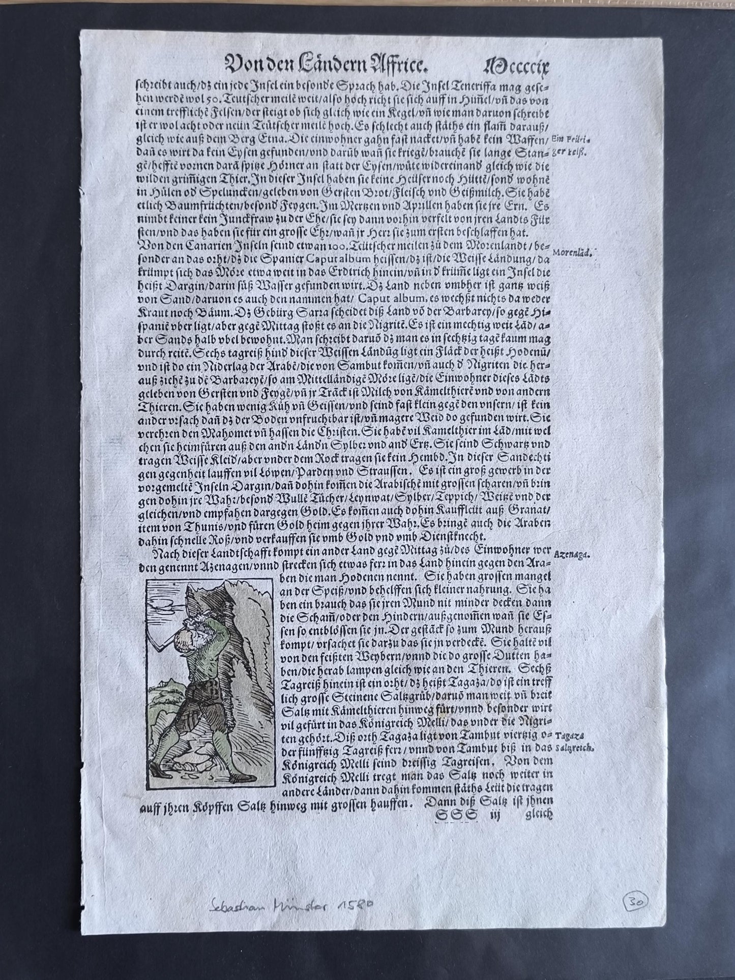 Woodcut Page from Münster’s Cosmographia, Double-Sided, ca. 1580