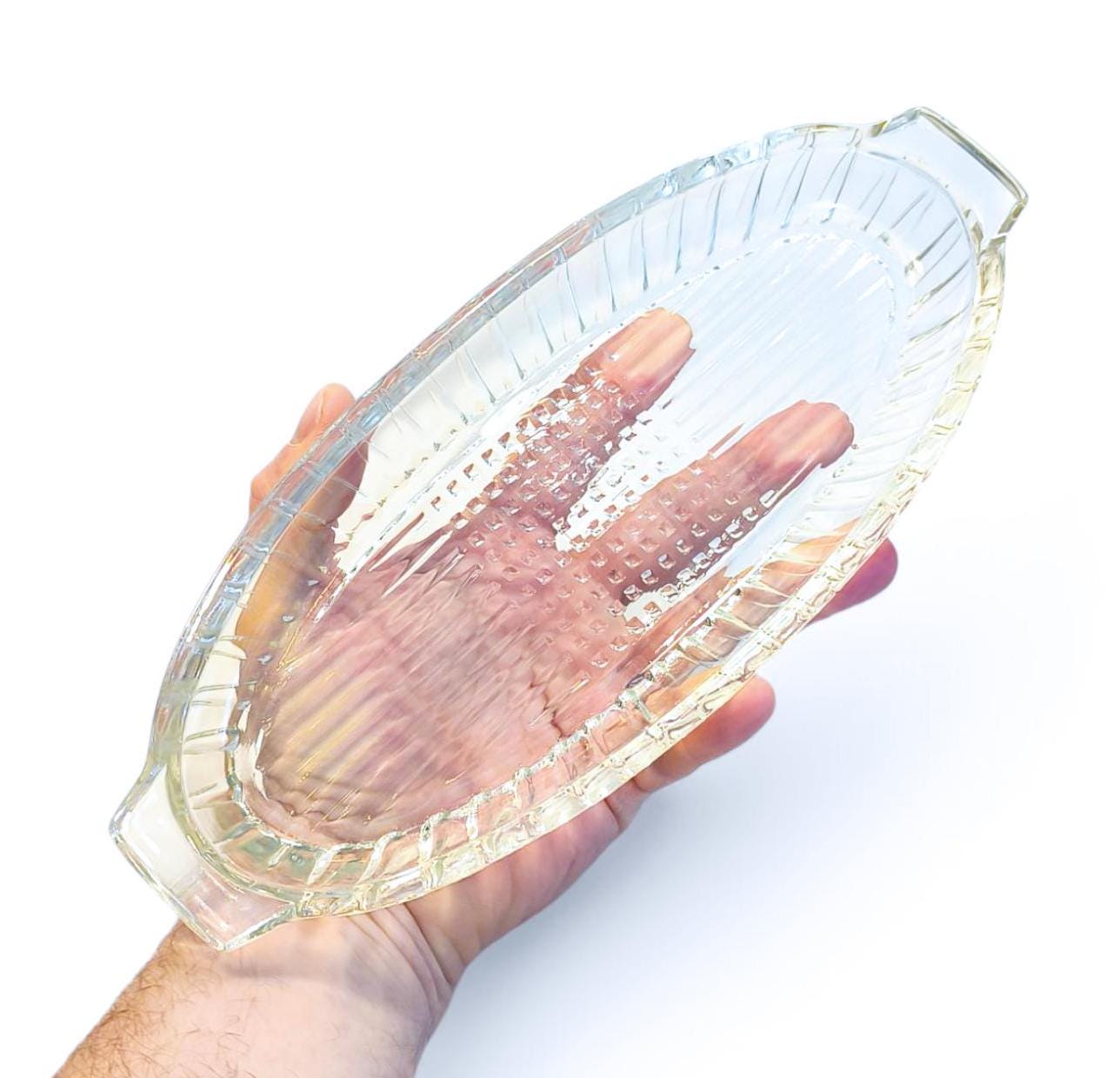 Crystal Serving Dish with Handles, Vintage Clear Glass Salad Bowl or Herring Platter, 1970s