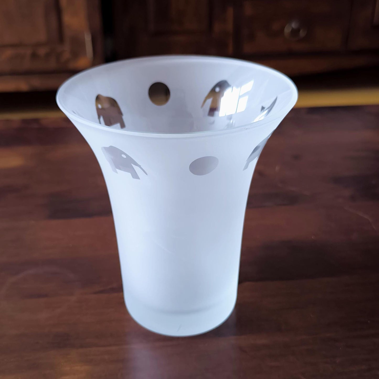 Frosted Glass Vase With Clear Elephant Motive, Postmodern 1980s.