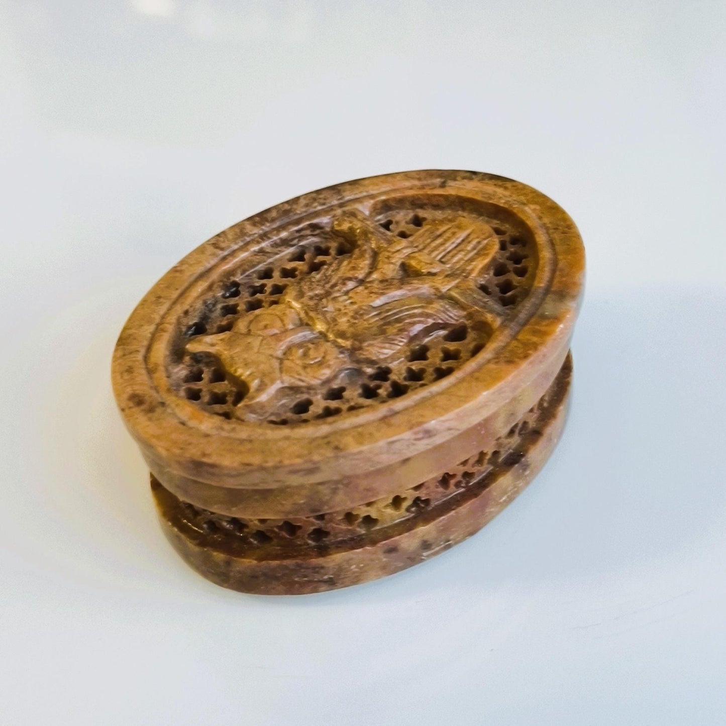 Small Brown Stone Trinket Box with Carved Owl Lid, 1970s