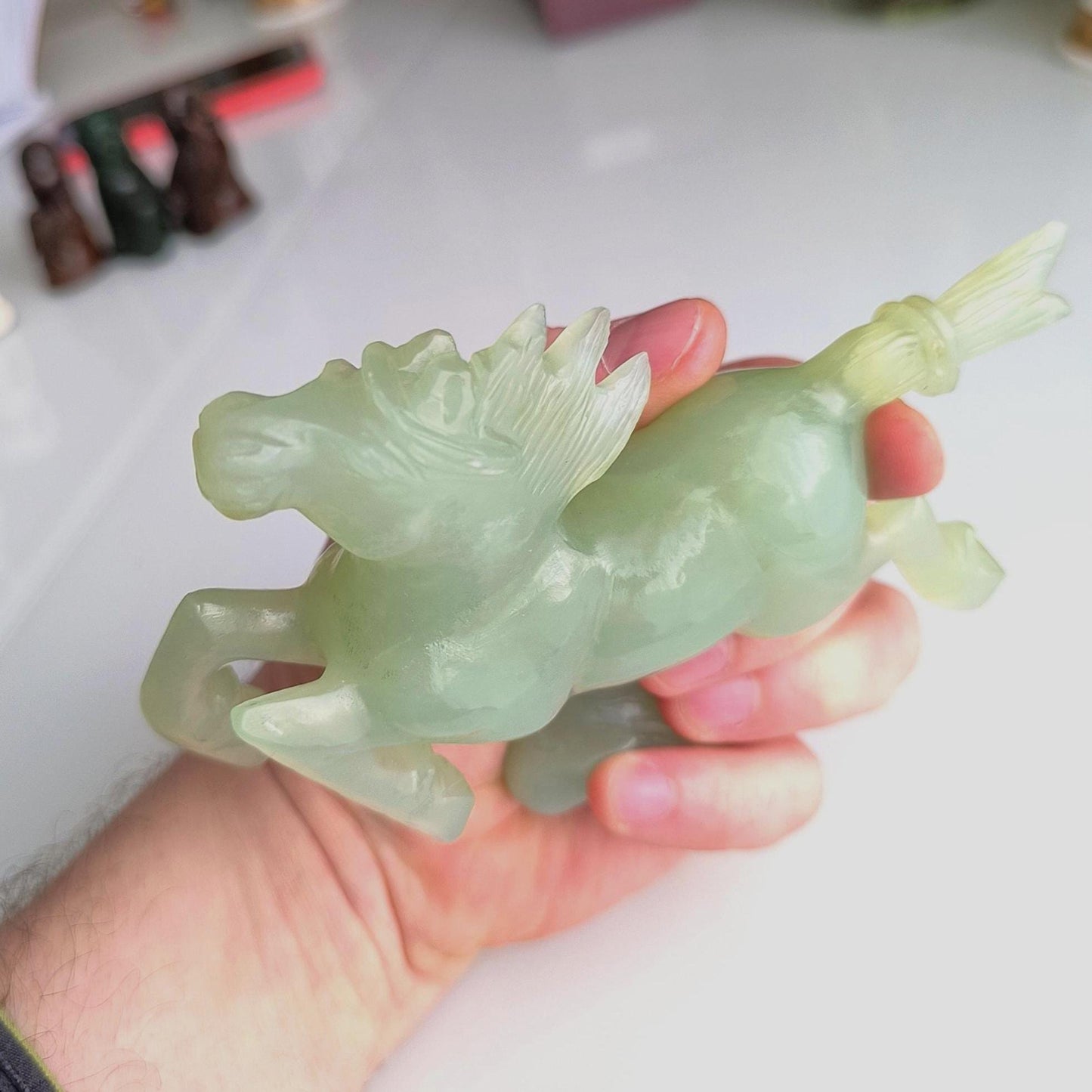 Handmade Light Green Jade Galloping Horse Statue on Bird Base, 1970
