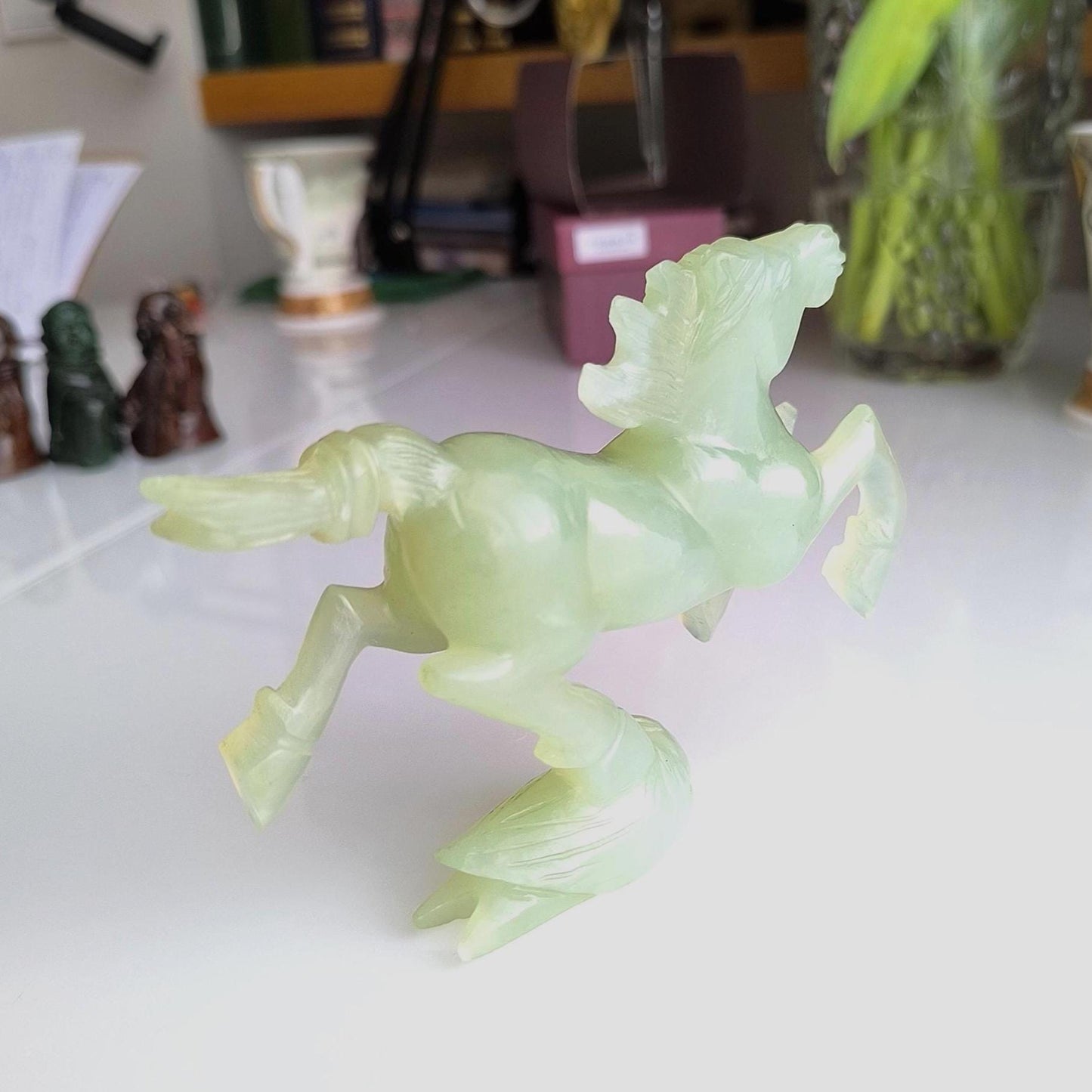 Handmade Light Green Jade Galloping Horse Statue on Bird Base, 1970