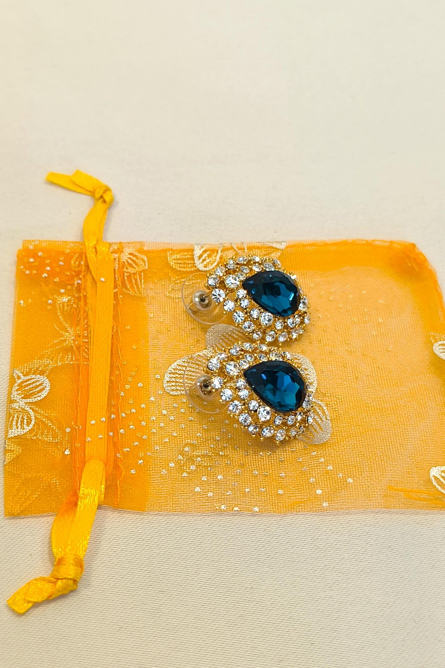 Vintage 2000s 14K Gold-Plated Stud Earrings with Blue Drop Swarovski Crystal & Diamond Accents