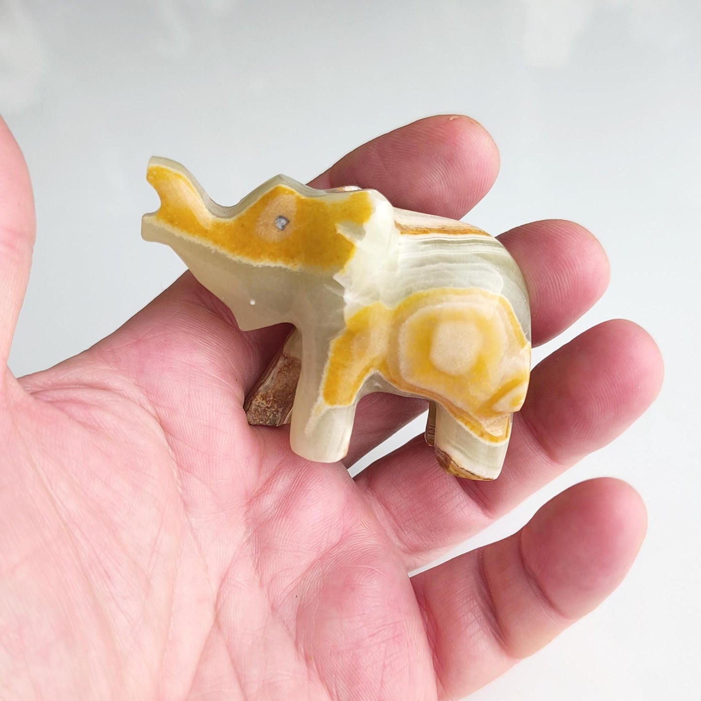 Handmade Small Striped Onyx Elephant Statue with Raised Trunk, 1990s