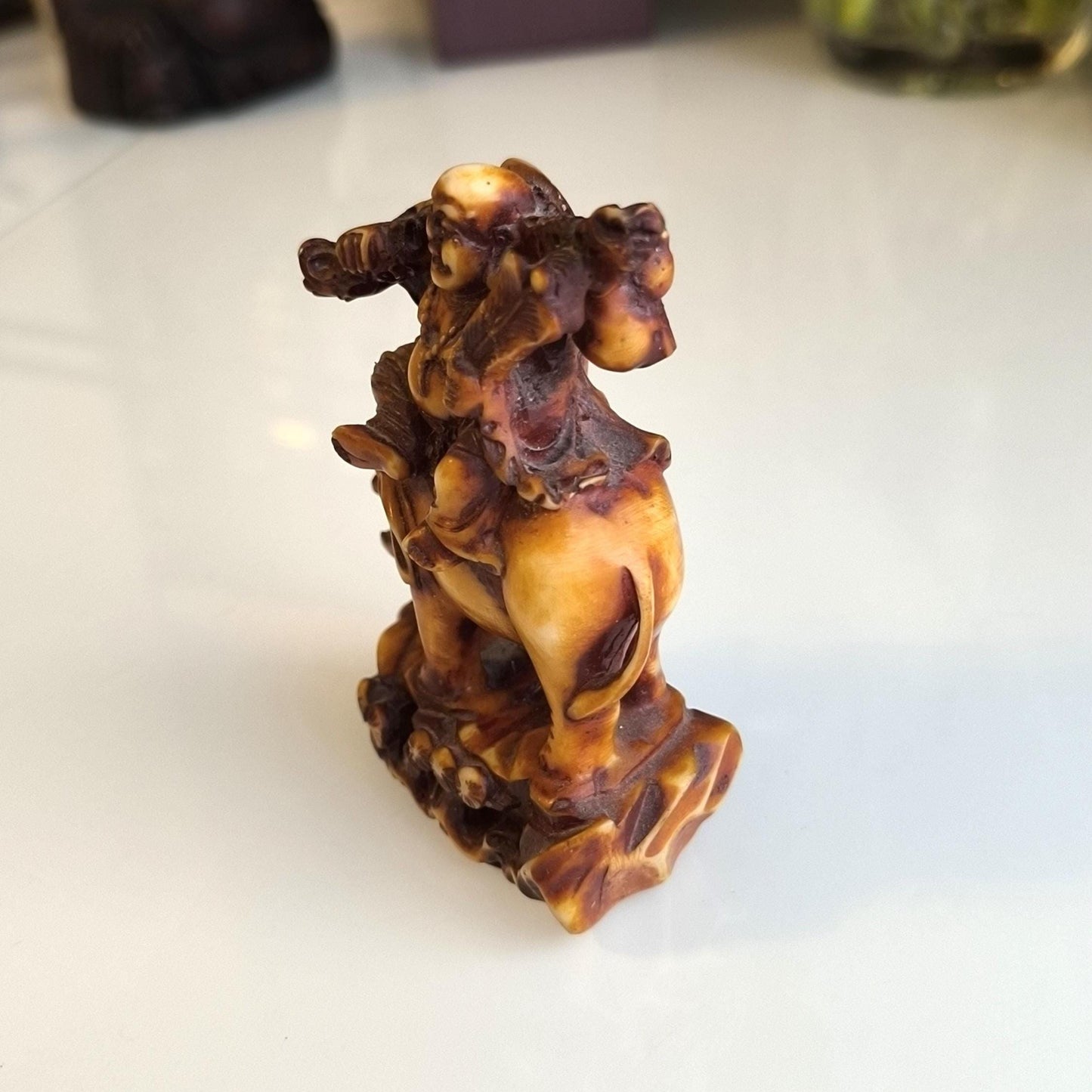 Sitting Buddha on Elephant Statue, Brown Resin 1970s