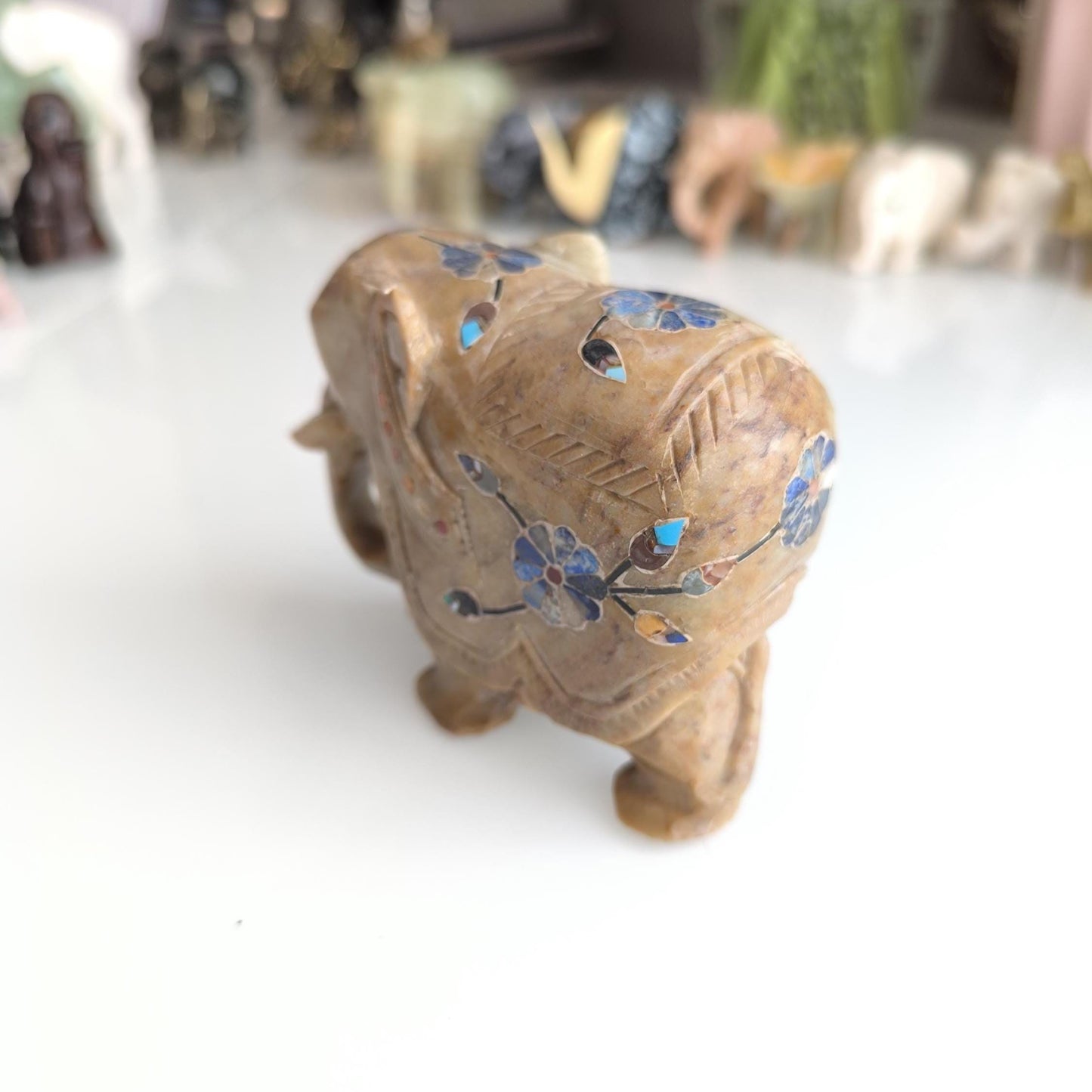 Hand-Carved Asian Elephant Statue with Inlaid Colored Stones, 1980s