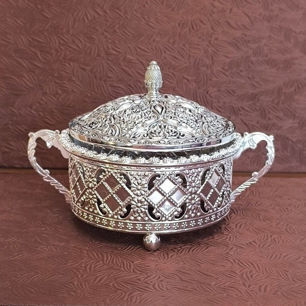 Silver Plated Sugar Bowl with Glass Insert: Asian Inspired