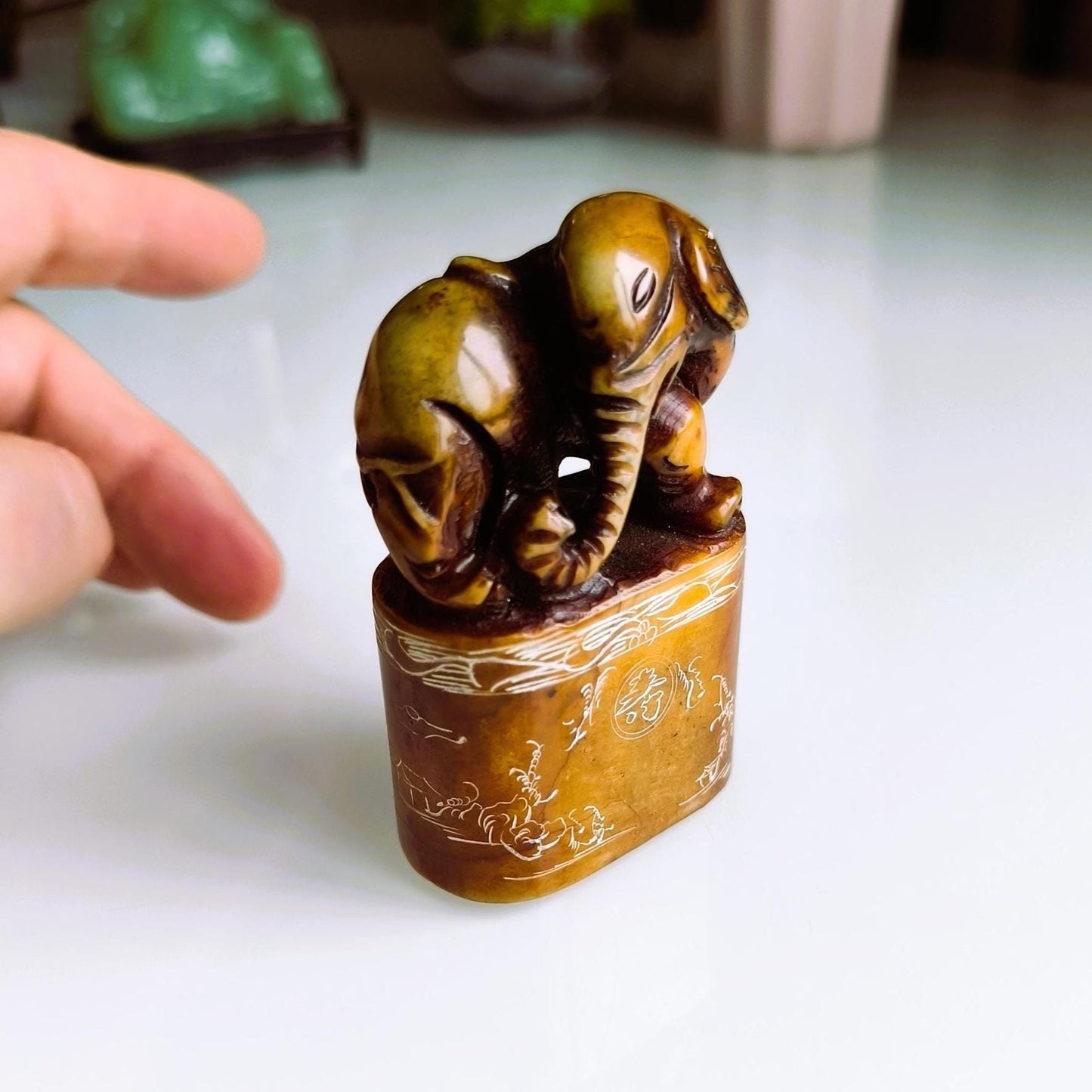 Brown Stone Elephant Stamp on Raised Stand with Carvings, Handmade 1960s