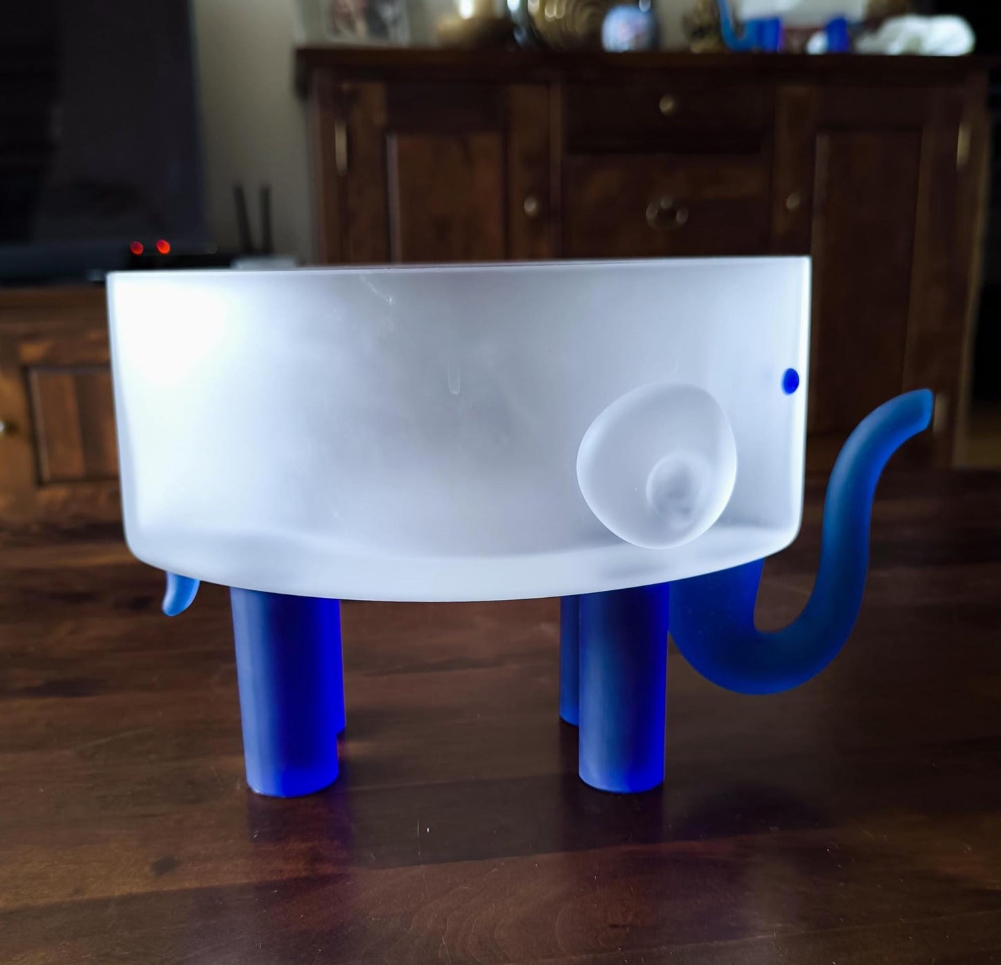 Borowski Sculptural Glass Elephant Bowl, Frosted & Blue, Collectible Art, 2000s