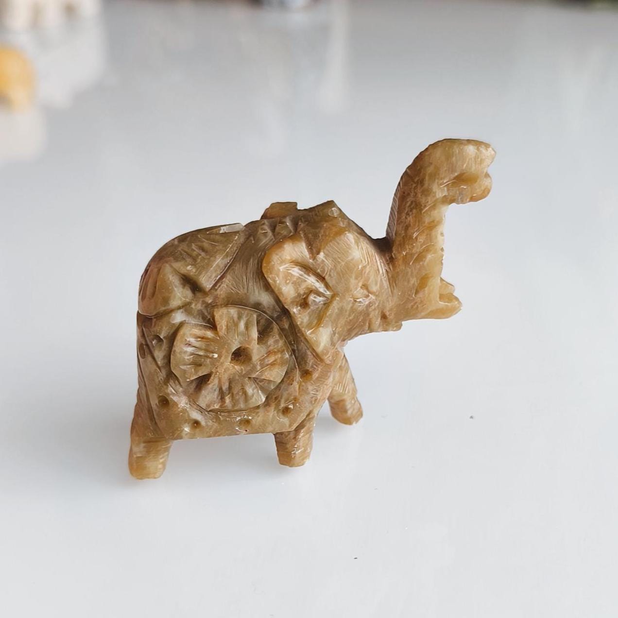 Small Khaki Stone Elephant Raised Trunk Asian Handmade 2000s