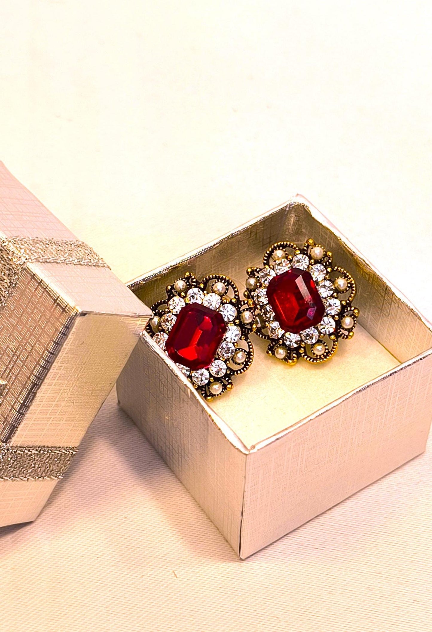 Vintage 2000s 14K Gold-Plated Stud Earrings With Ruby Imitation Swarovski Crystal & Gold Diamond Accents