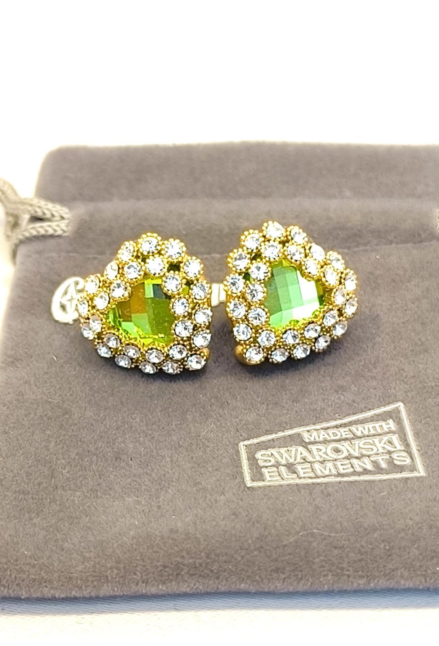 Vintage 2000s 14K Gold-Plated Stud Earrings with Green Heart-Shaped Swarovski Drop & Diamond Accents