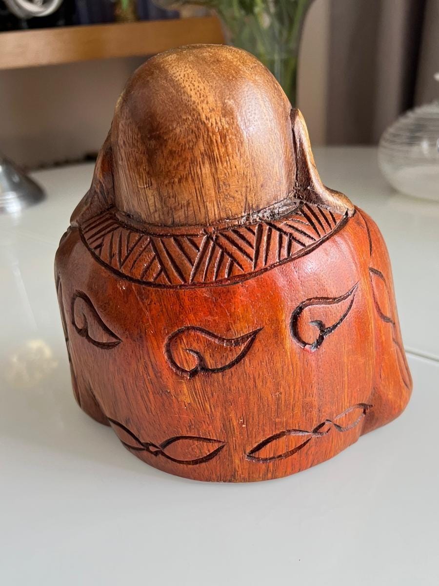 Brown Wood Sitting Buddha Hand-Carved Figurine 1980s