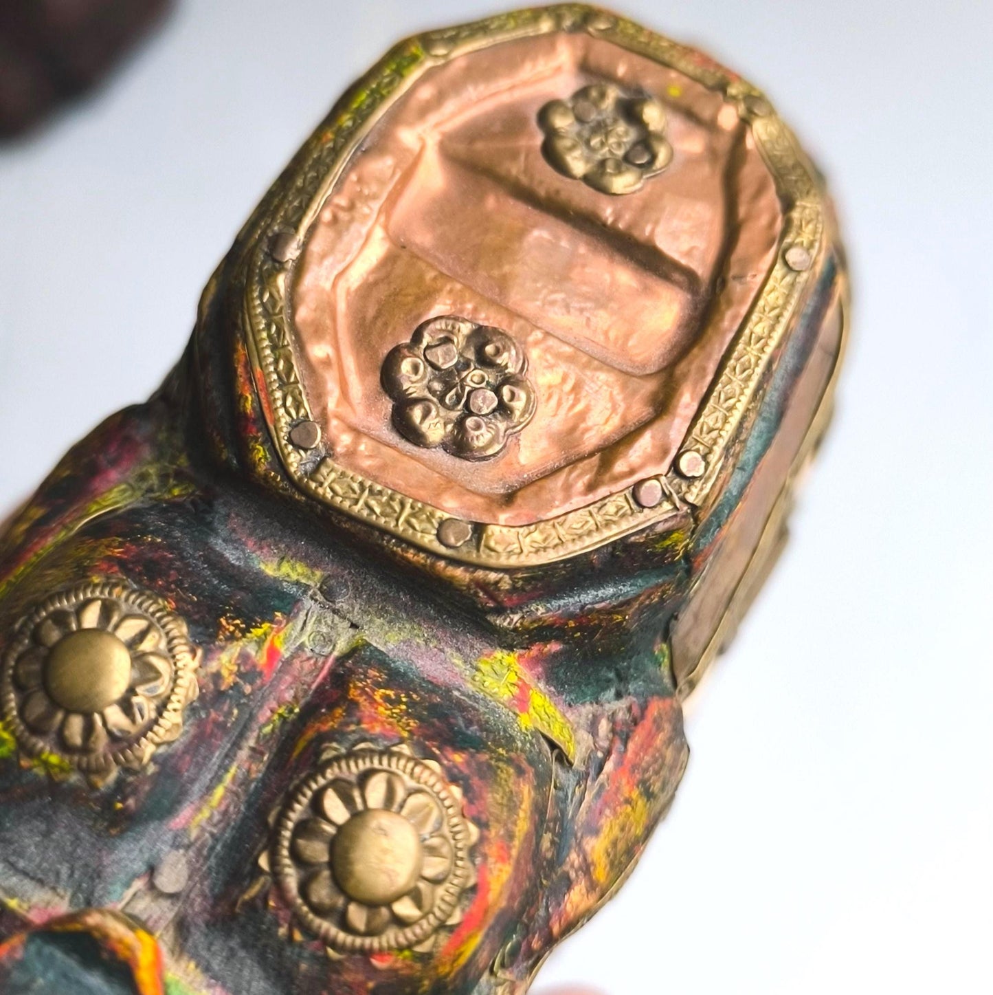 Handmade Wooden Elephant with Metal and Stone Inlay, Trunk Up 1970