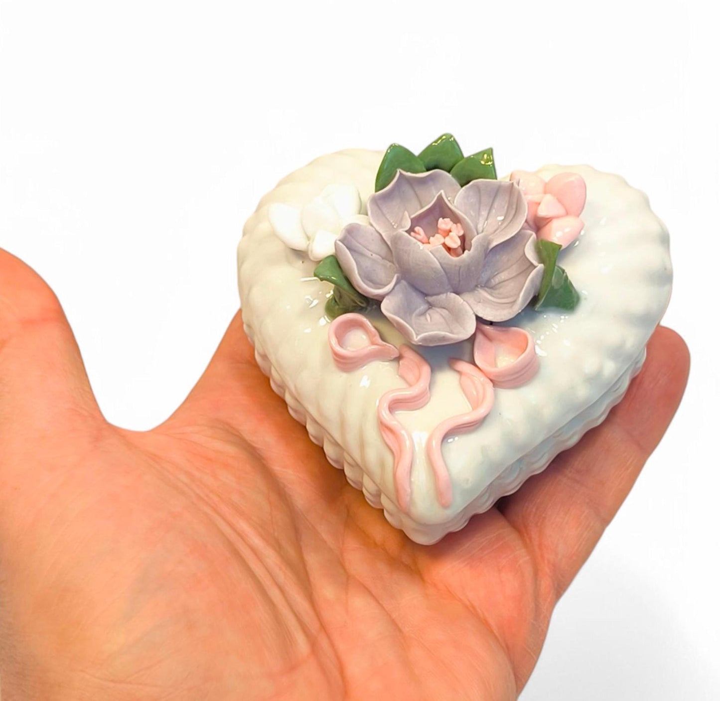 White Porcelain Heart-Shaped Trinket Jewelry Box with Flower, 1980s