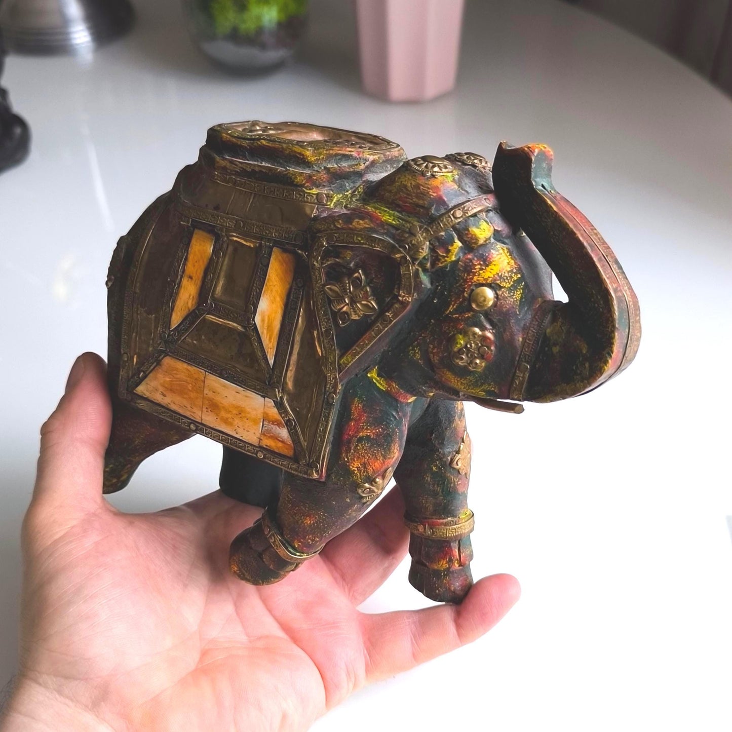 Handmade Wooden Elephant with Metal and Stone Inlay, Trunk Up 1970