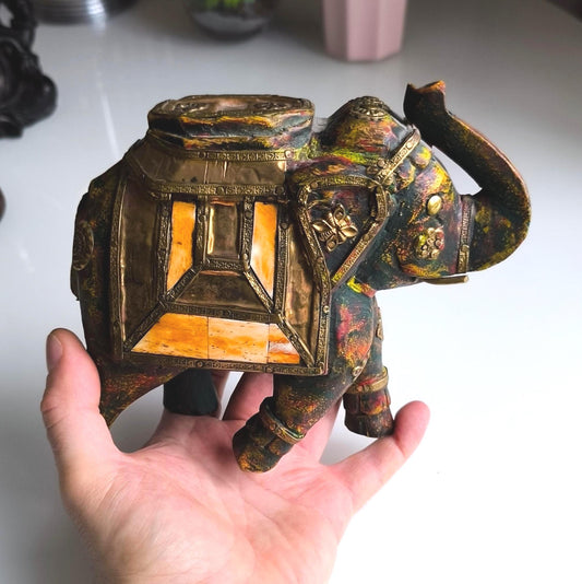 Handmade Wooden Elephant with Metal and Stone Inlay, Trunk Up 1970