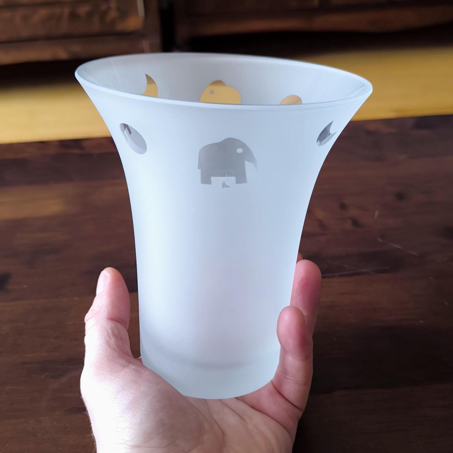 Frosted Glass Vase With Clear Elephant Motive, Postmodern 1980s.