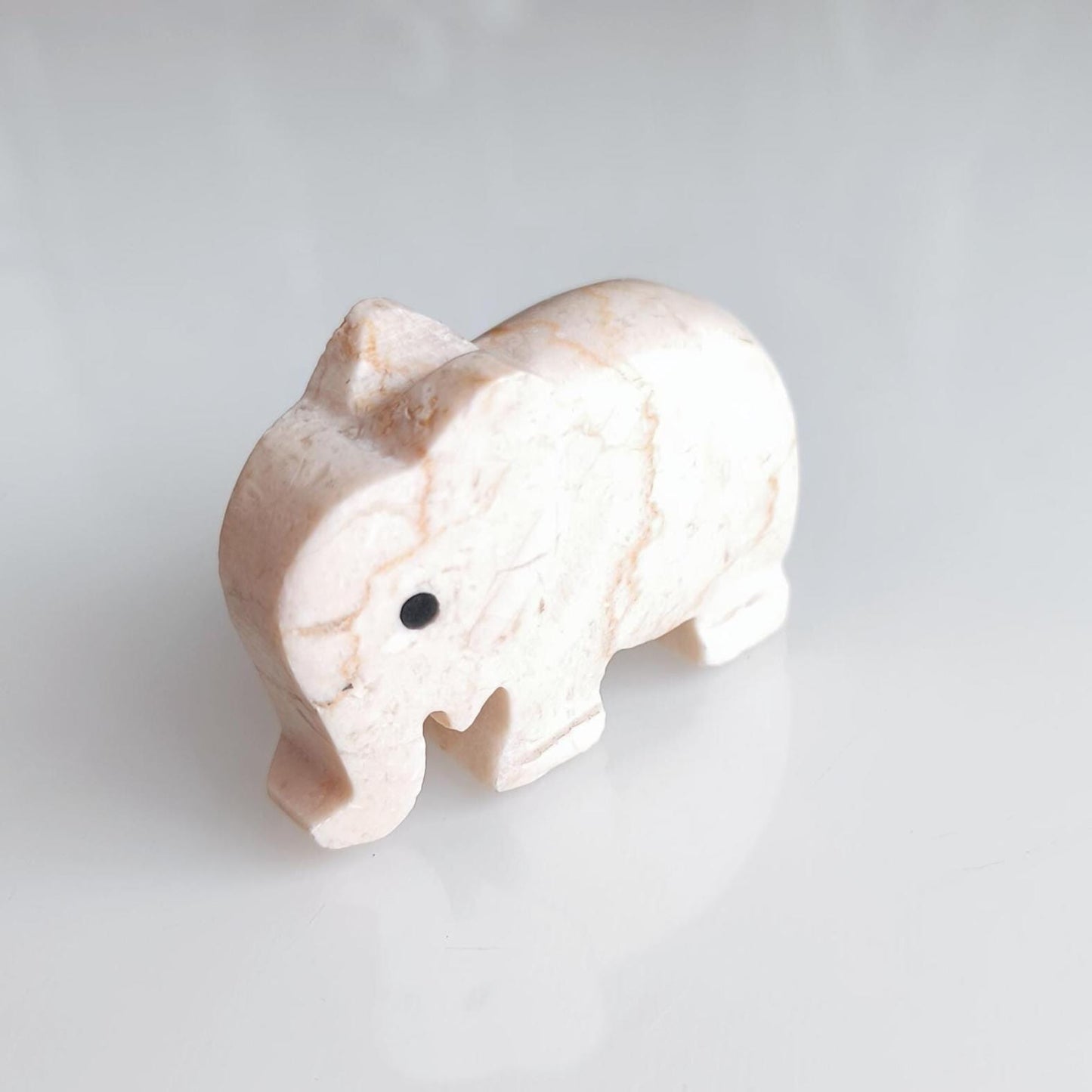 Small White Stone Elephant Statue with Black Eyes, Handmade 2000s