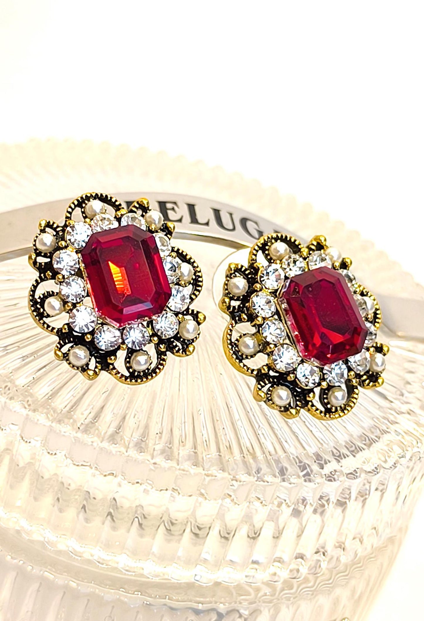Vintage 2000s 14K Gold-Plated Stud Earrings With Ruby Imitation Swarovski Crystal & Gold Diamond Accents