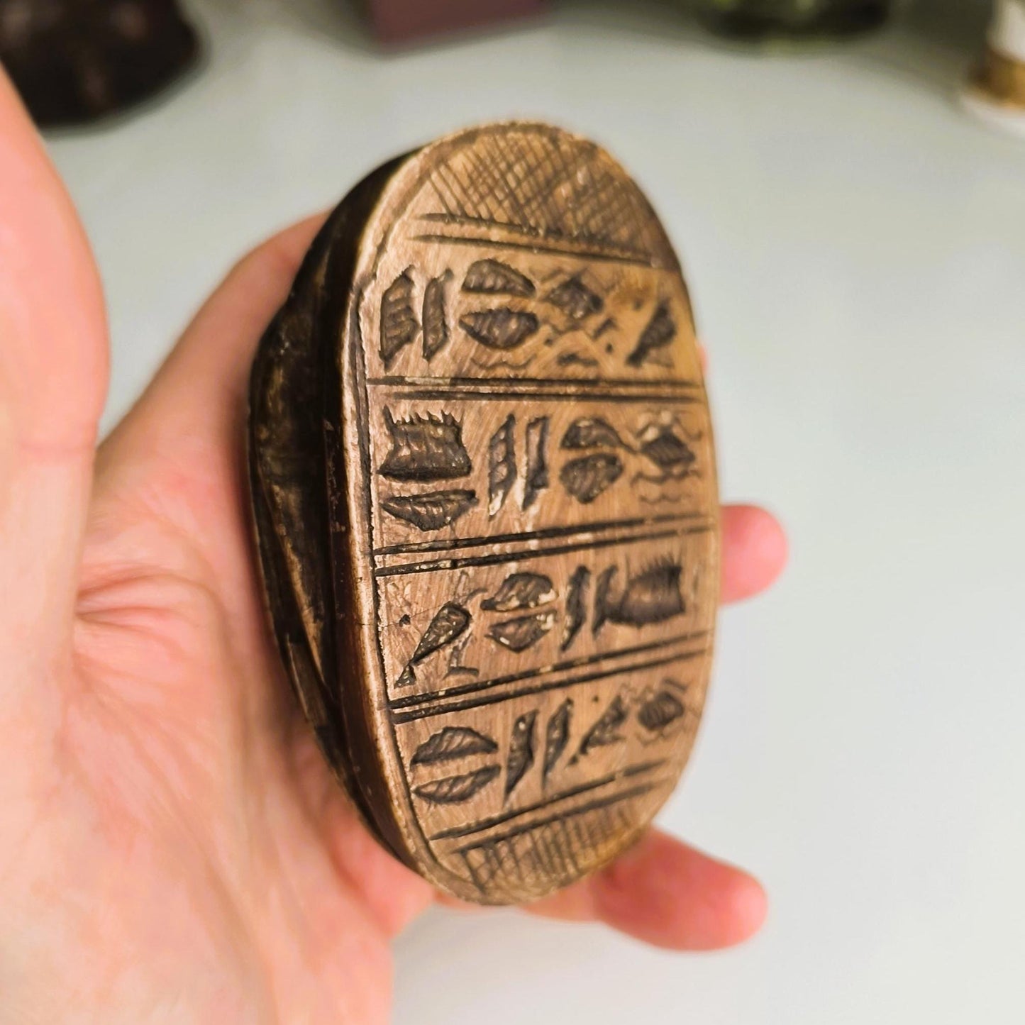 Carved Brown Stone Egyptian Scarab Beetle with Hieroglyphics, 1970s