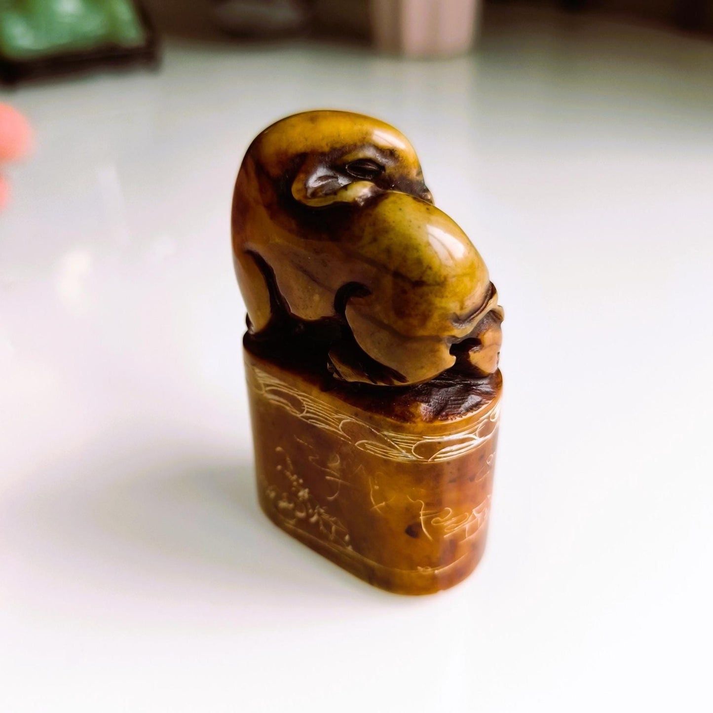 Brown Stone Elephant Stamp on Raised Stand with Carvings, Handmade 1960s