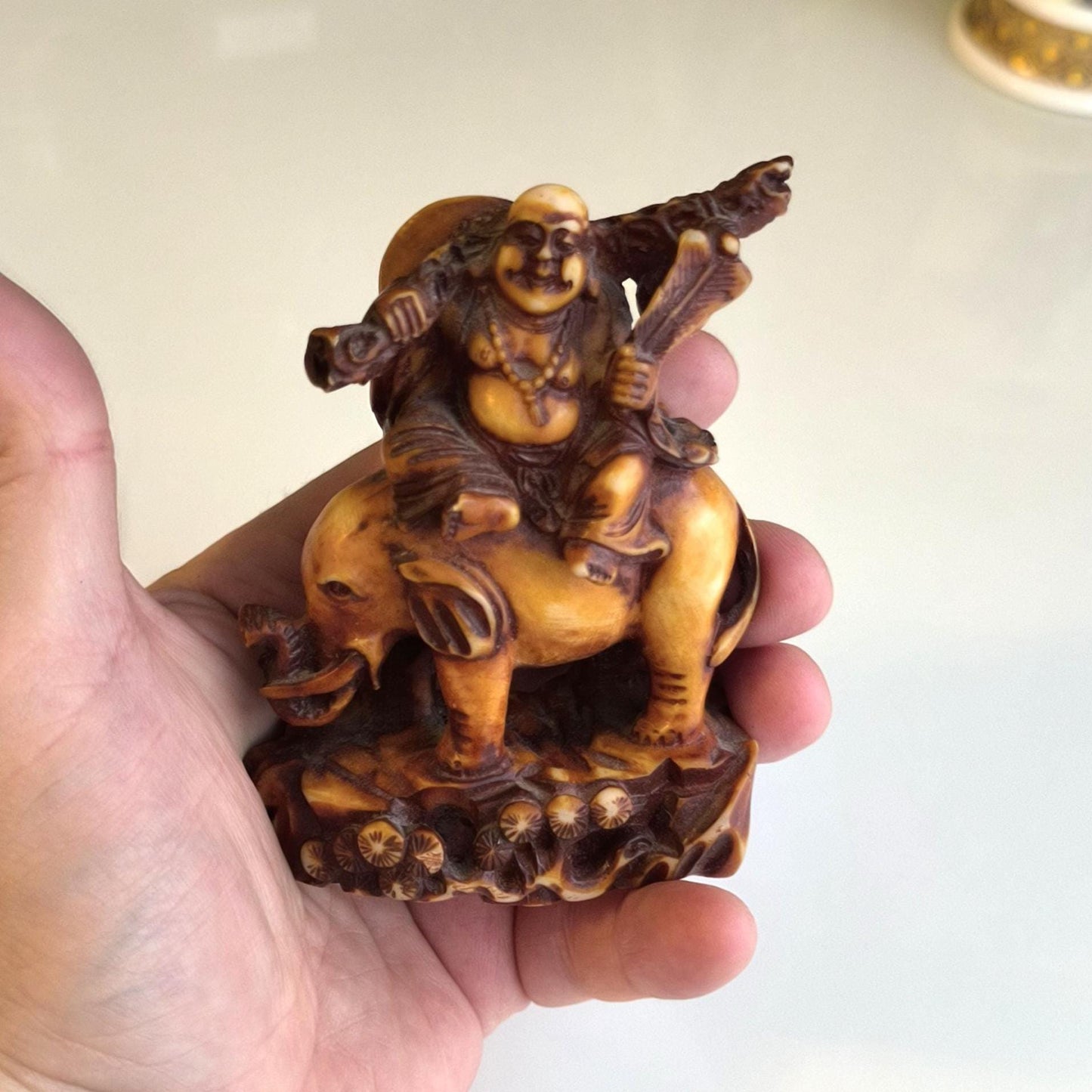 Sitting Buddha on Elephant Statue, Brown Resin 1970s