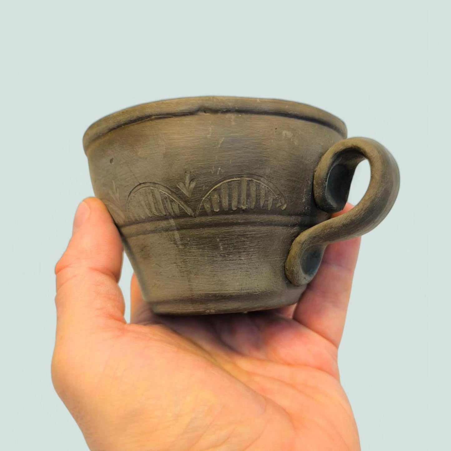 Handmade Clasical Lithuanian Unglazed Brown Clay Mug, 2000s