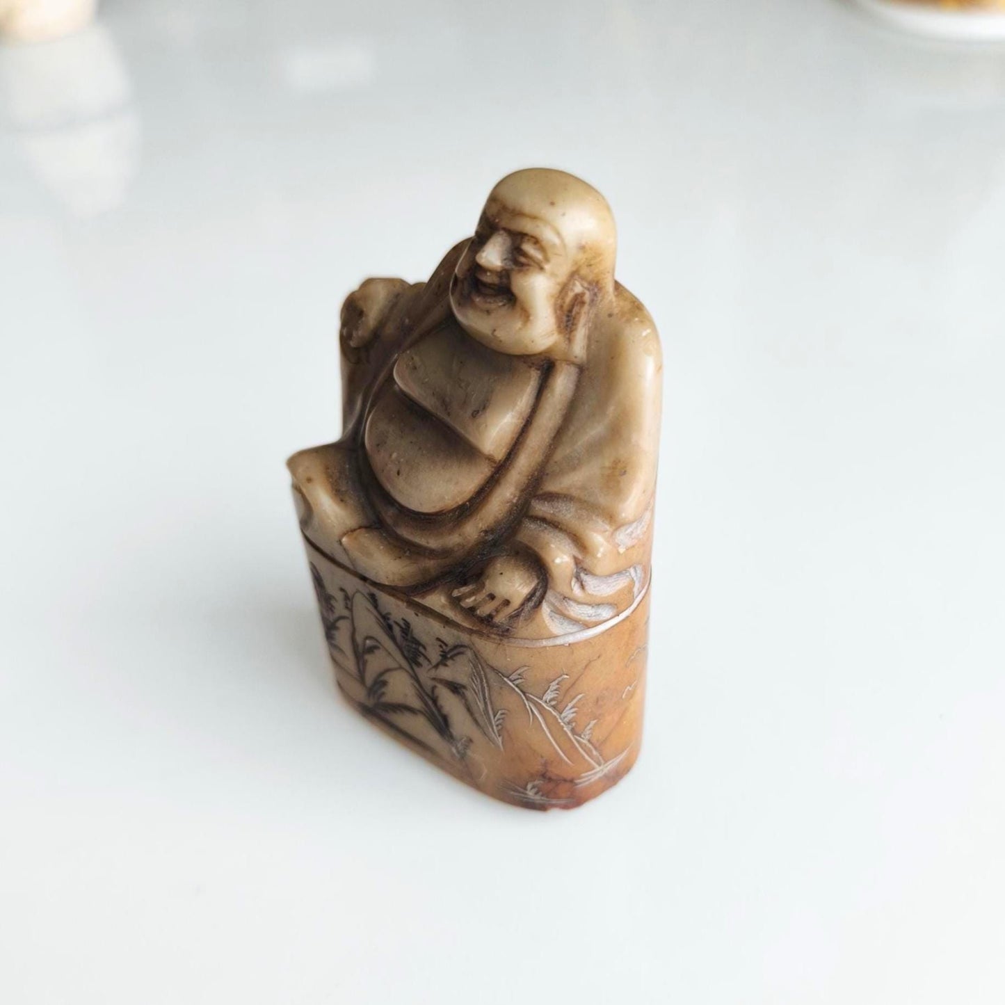 Handmade Brown Stone Sitting Budha Figure Stamp with Dragon and Phoenix, 1970