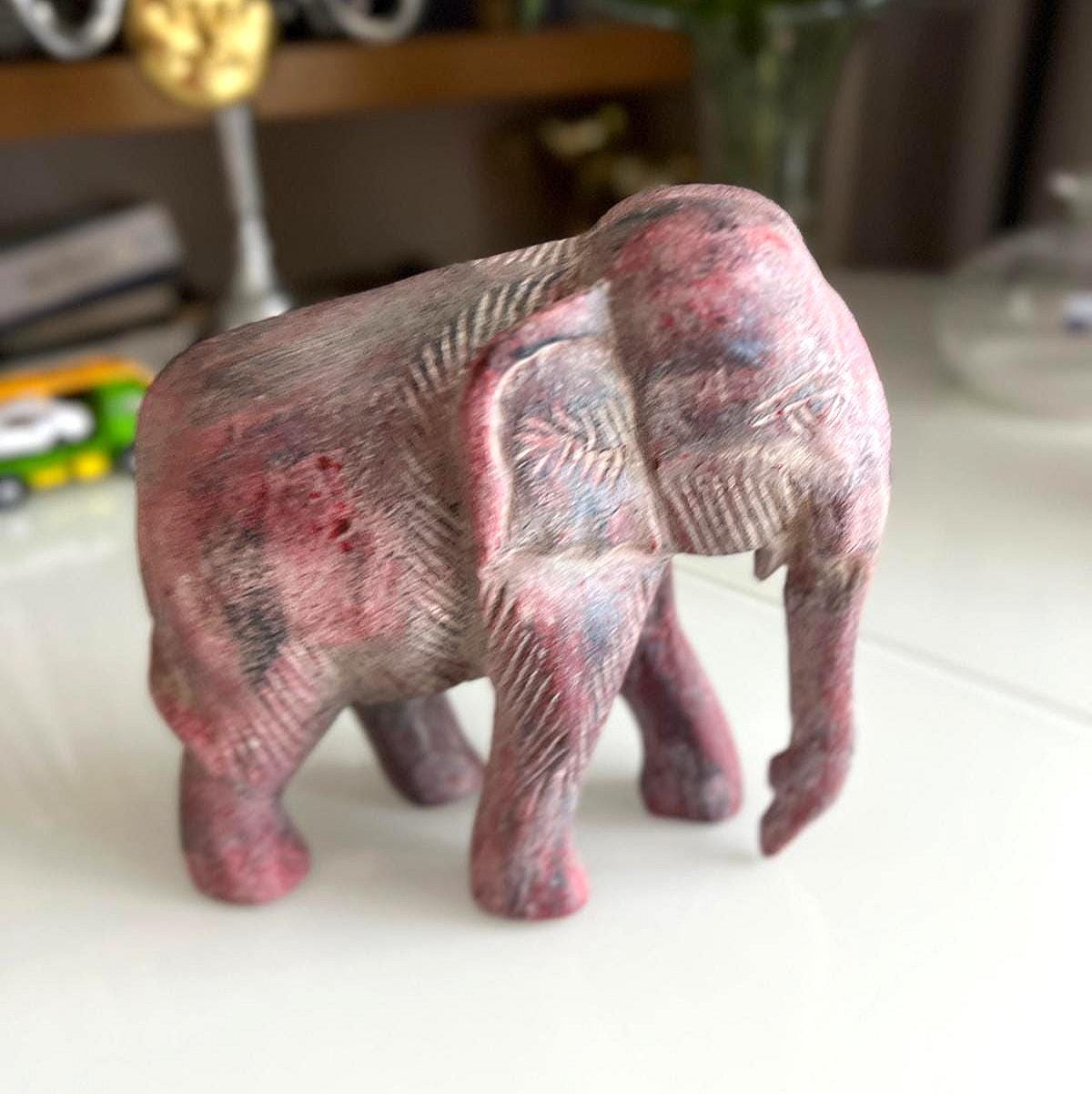 Carved Wooden Elephant Figurine Red Finish 1970s