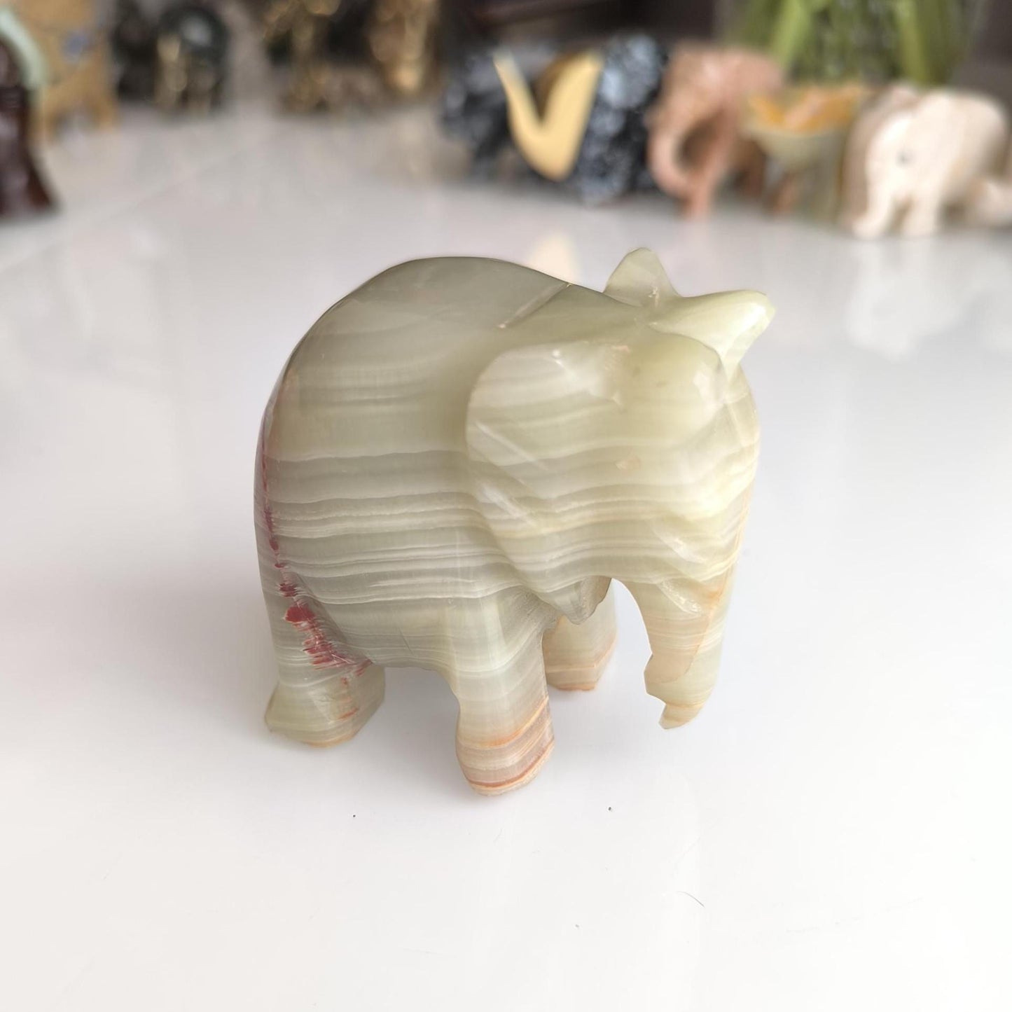 Handmade Heavy Light Green Onyx Elephant Statue with Gray Streaks, 1980s