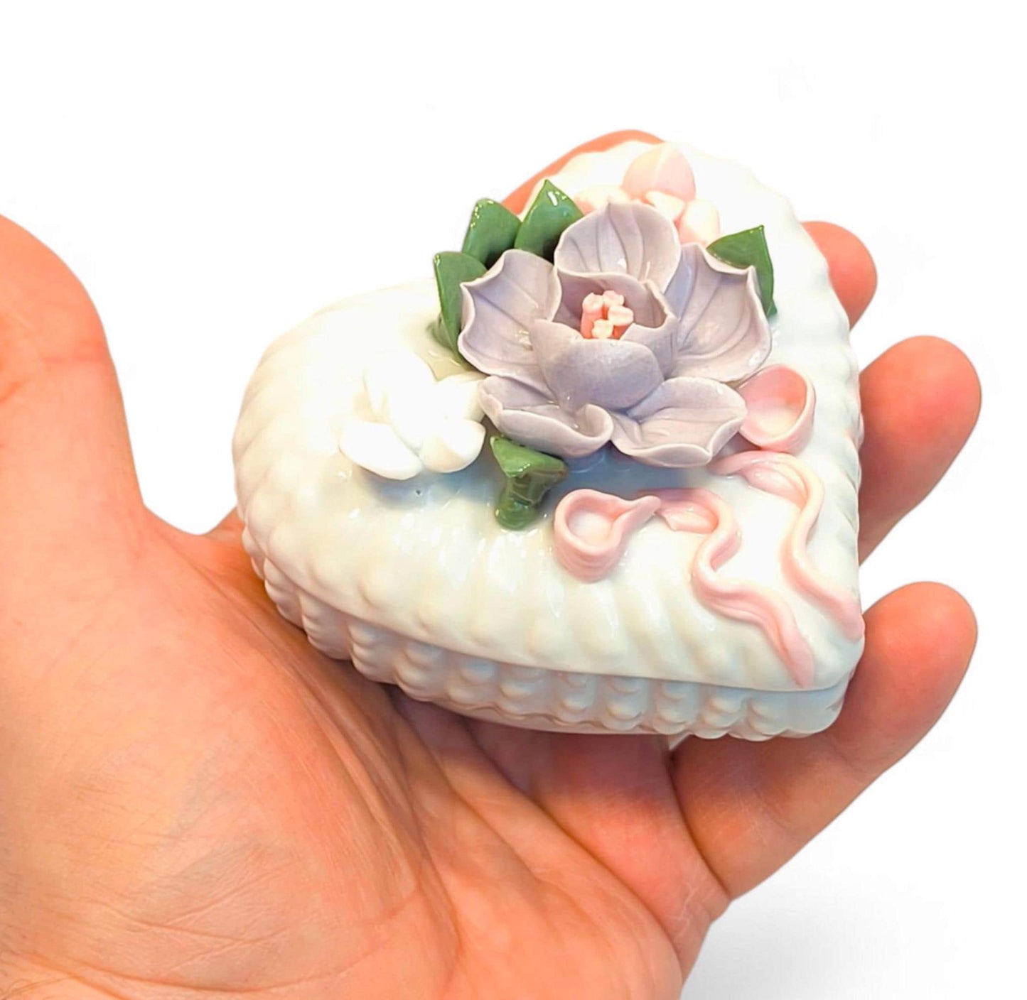 White Porcelain Heart-Shaped Trinket Jewelry Box with Flower, 1980s