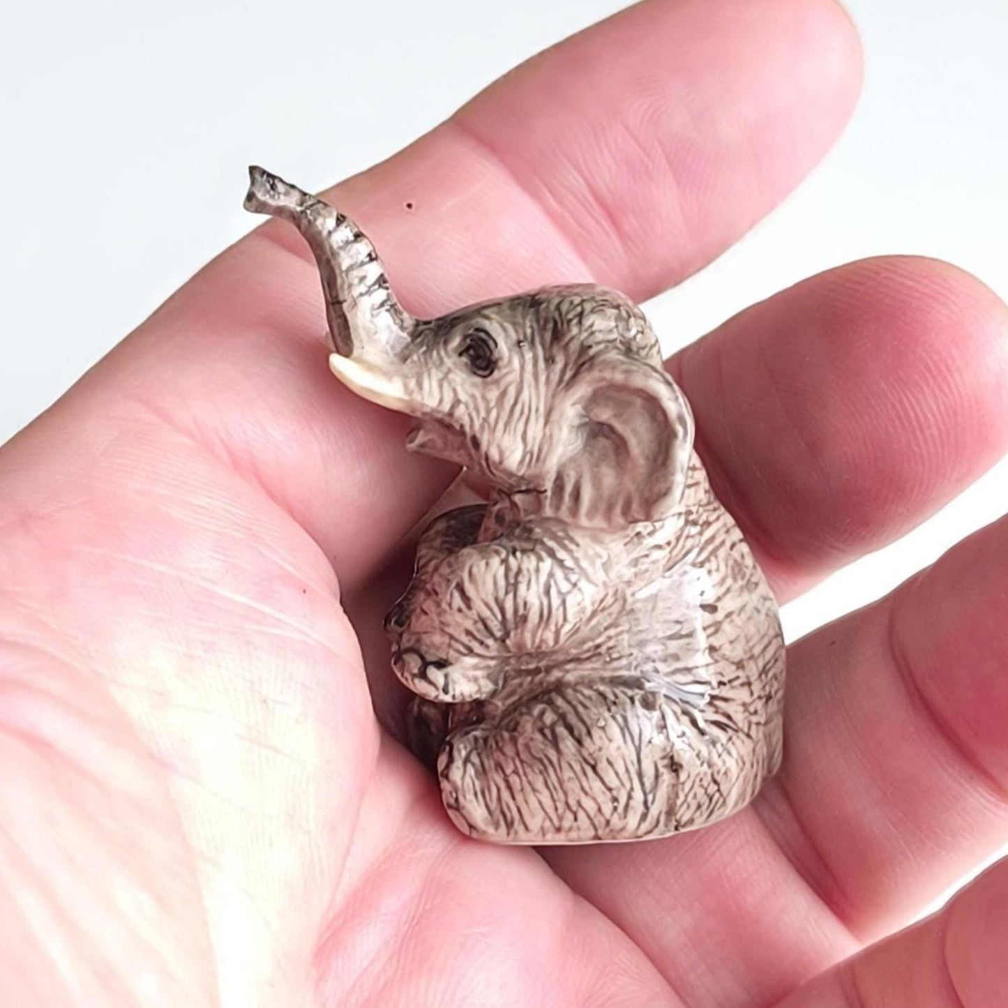 Gray Glazed Ceramic Sitting Elephant Trunk Up 1970s