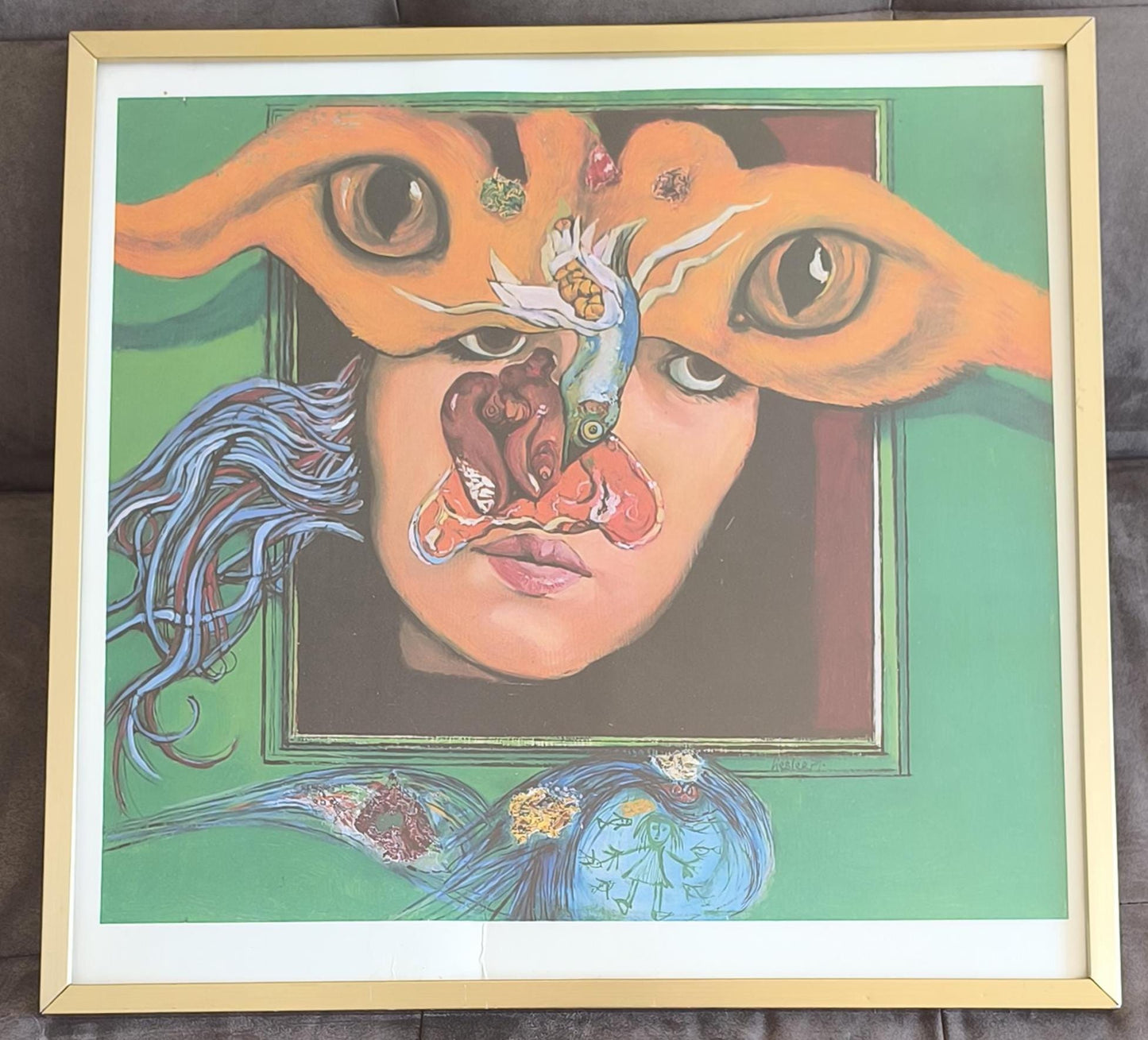 Surreal Etching by Josef Liesler, Face and Eyes, Signed 1971, Framed