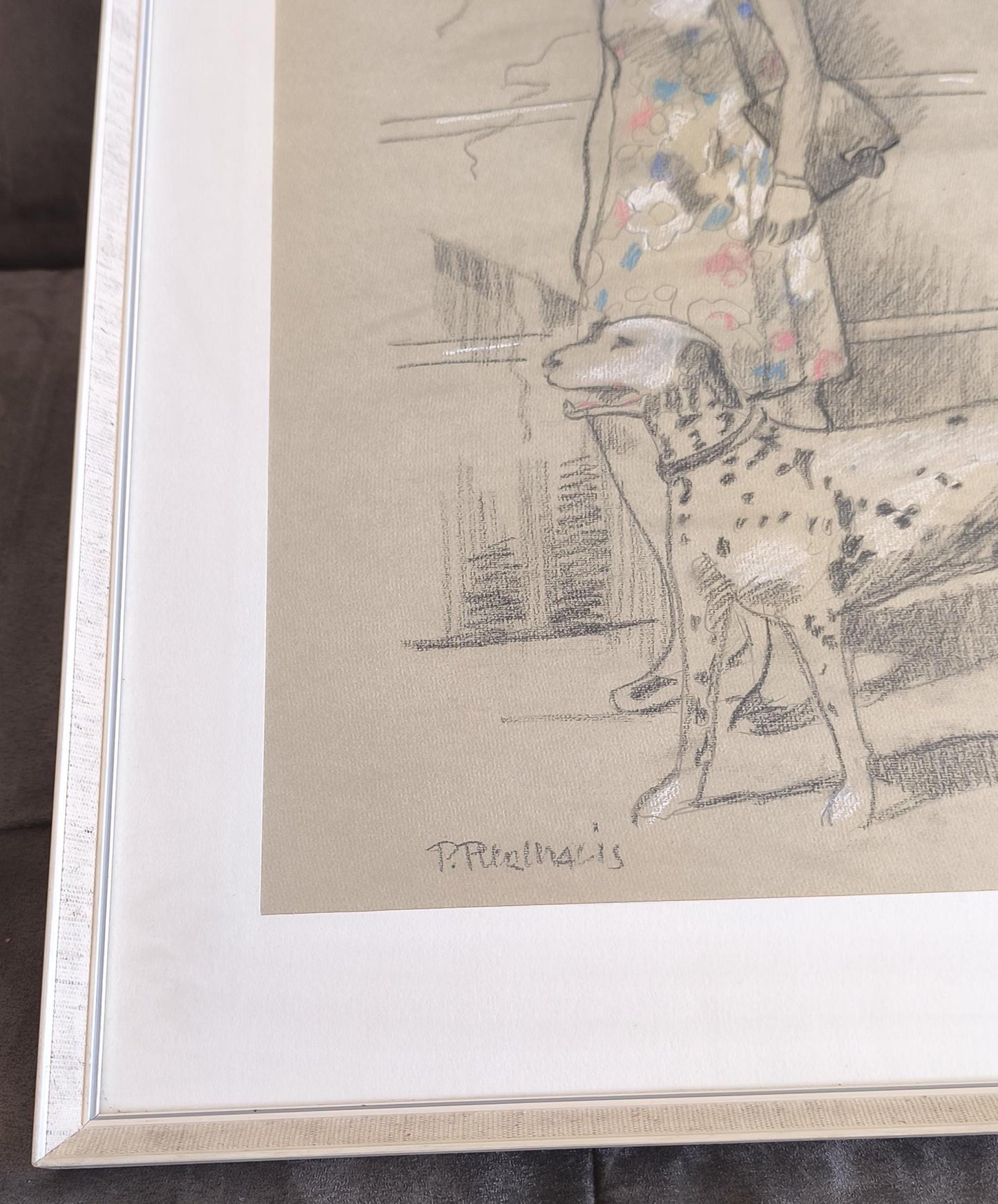 Woman with Dalmatian Drawing, Signed "P. Pennalis", 1976