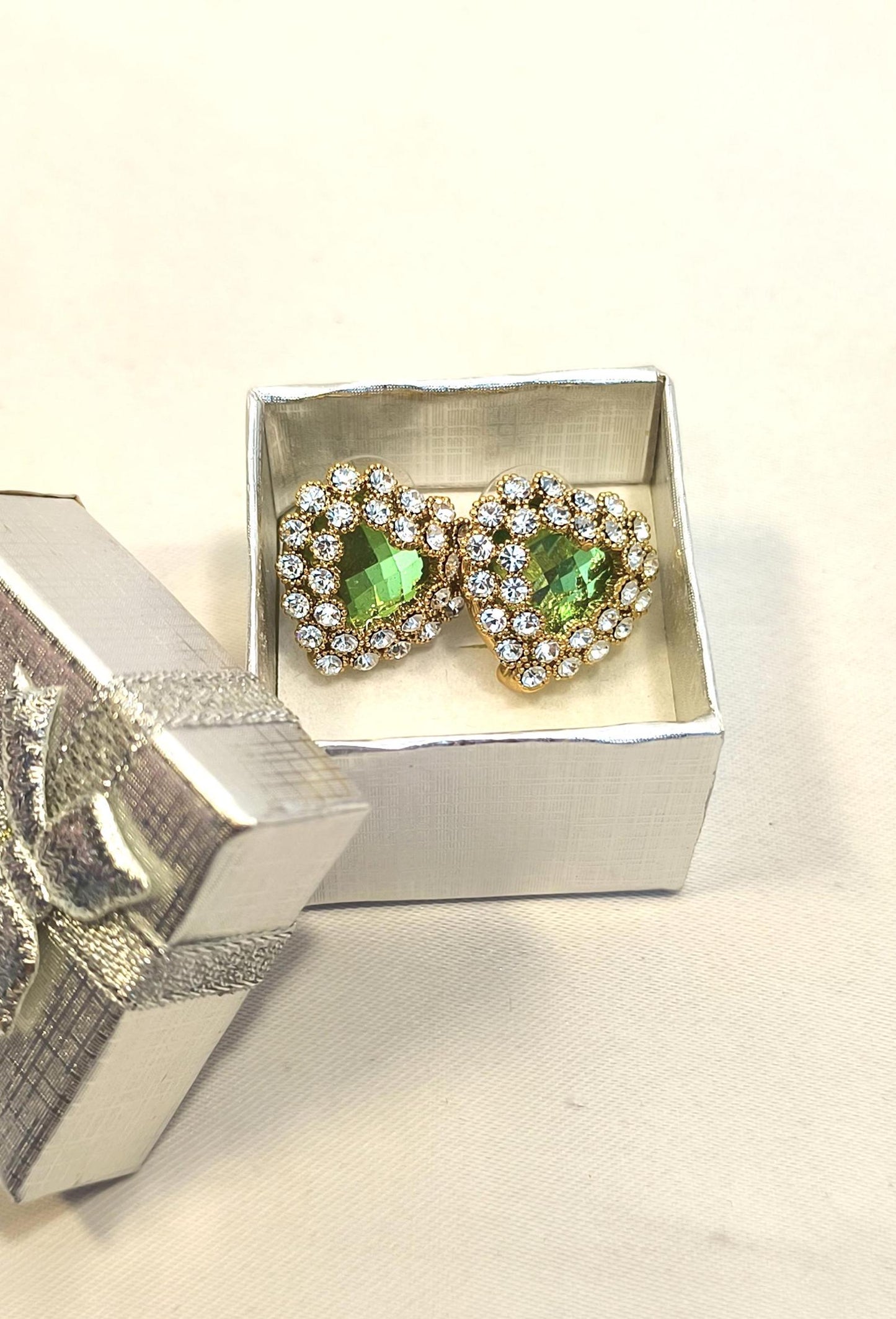 Vintage 2000s 14K Gold-Plated Stud Earrings with Green Heart-Shaped Swarovski Drop & Diamond Accents