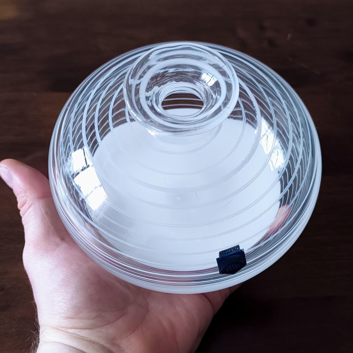 Murano Glass Round and Striped Vase 1980, Original Handmade Clear Crystal