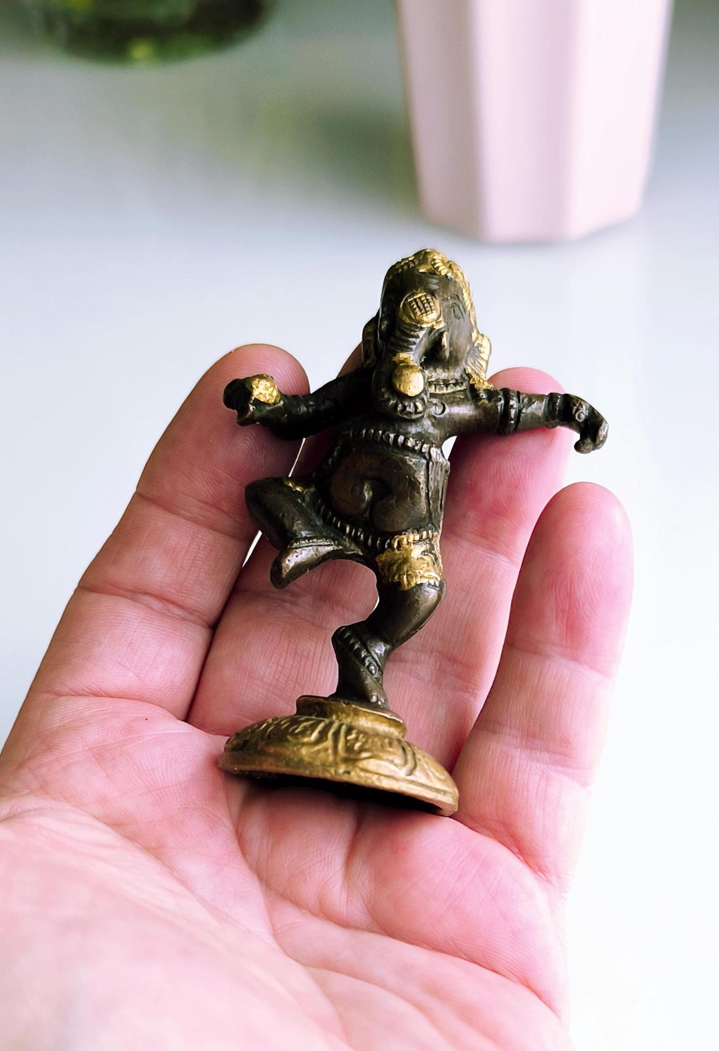Small Bronze Dancing Ganesha Statue, Gold & Brown Tones, Hindu Elephant God, 1980s
