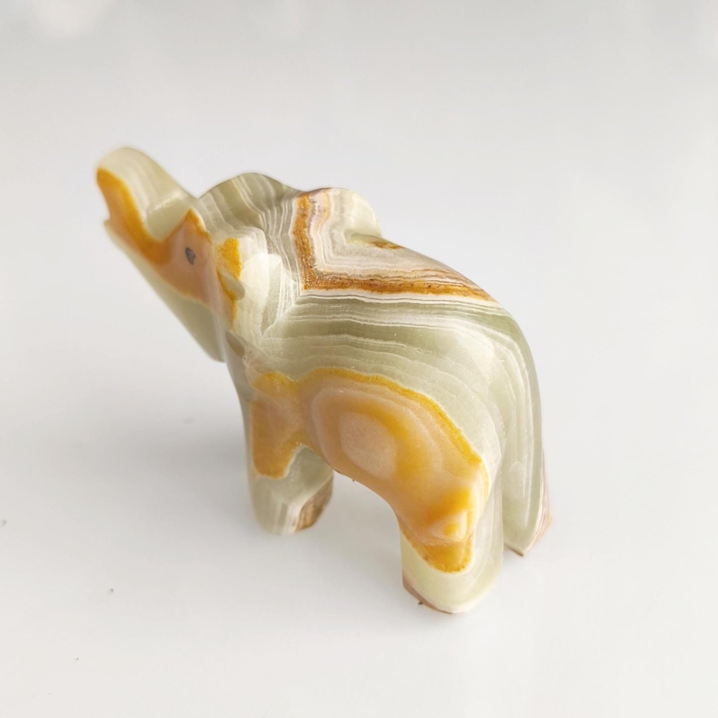 Handmade Small Striped Onyx Elephant Statue with Raised Trunk, 1990s