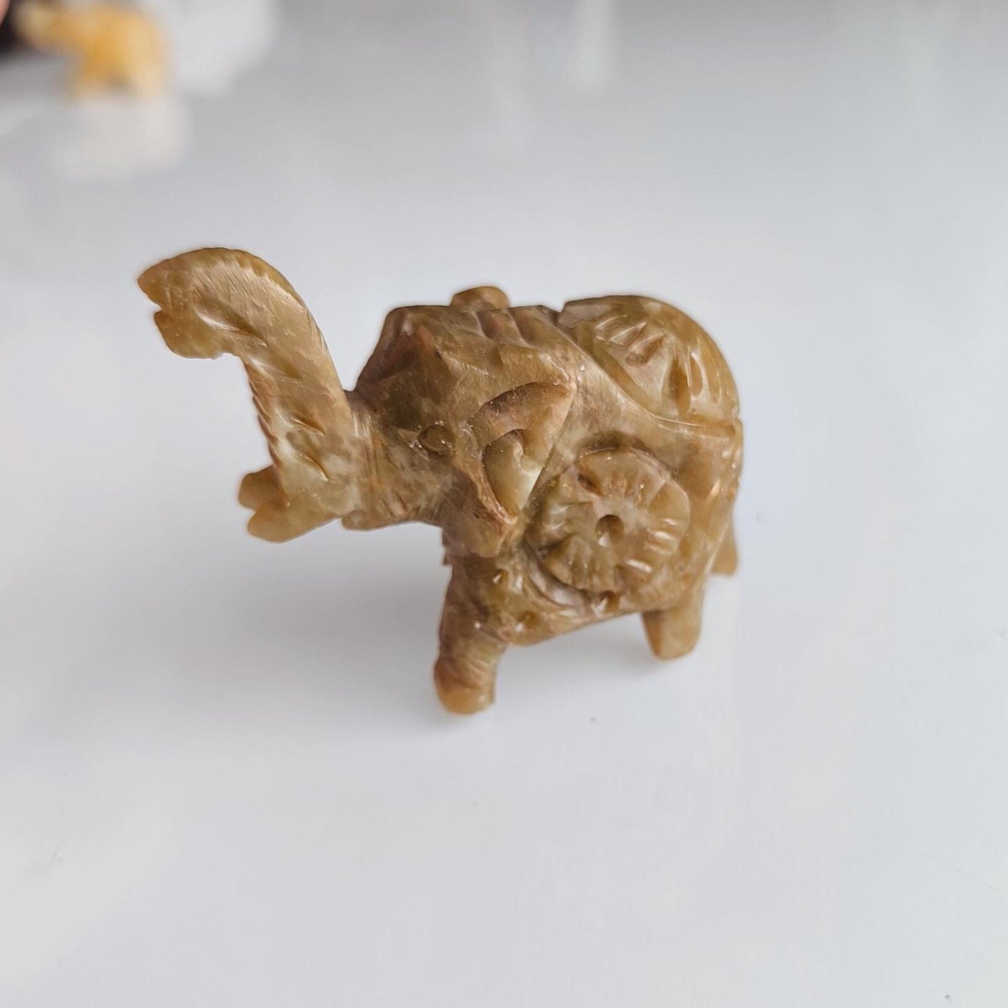 Small Khaki Stone Elephant Raised Trunk Asian Handmade 2000s