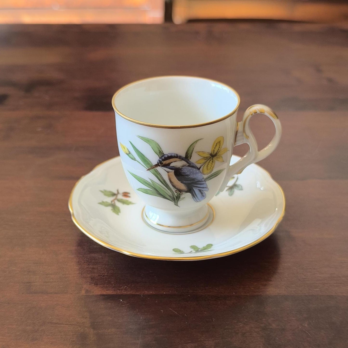 German Porcelain MPM Saxonia Coffee/Tea Cup & Saucer – Hand-Painted Blue Bird, Yellow Flower, 1980s