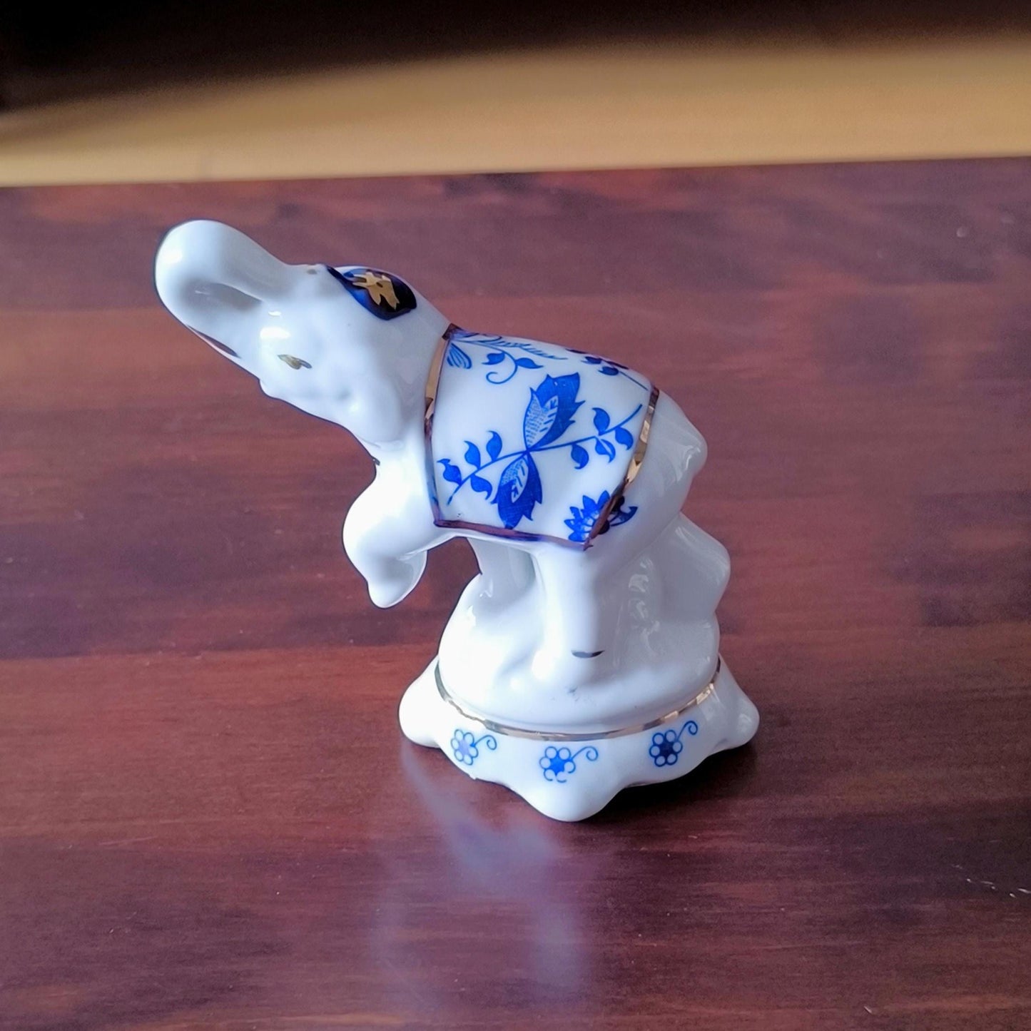 White Porcelain Elephant Figurine With Blue Flowers, Handmade 1970s