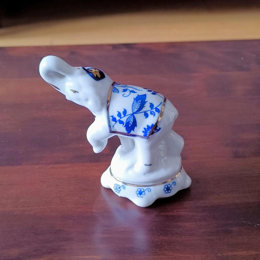 White Porcelain Elephant Figurine With Blue Flowers, Handmade 1970s