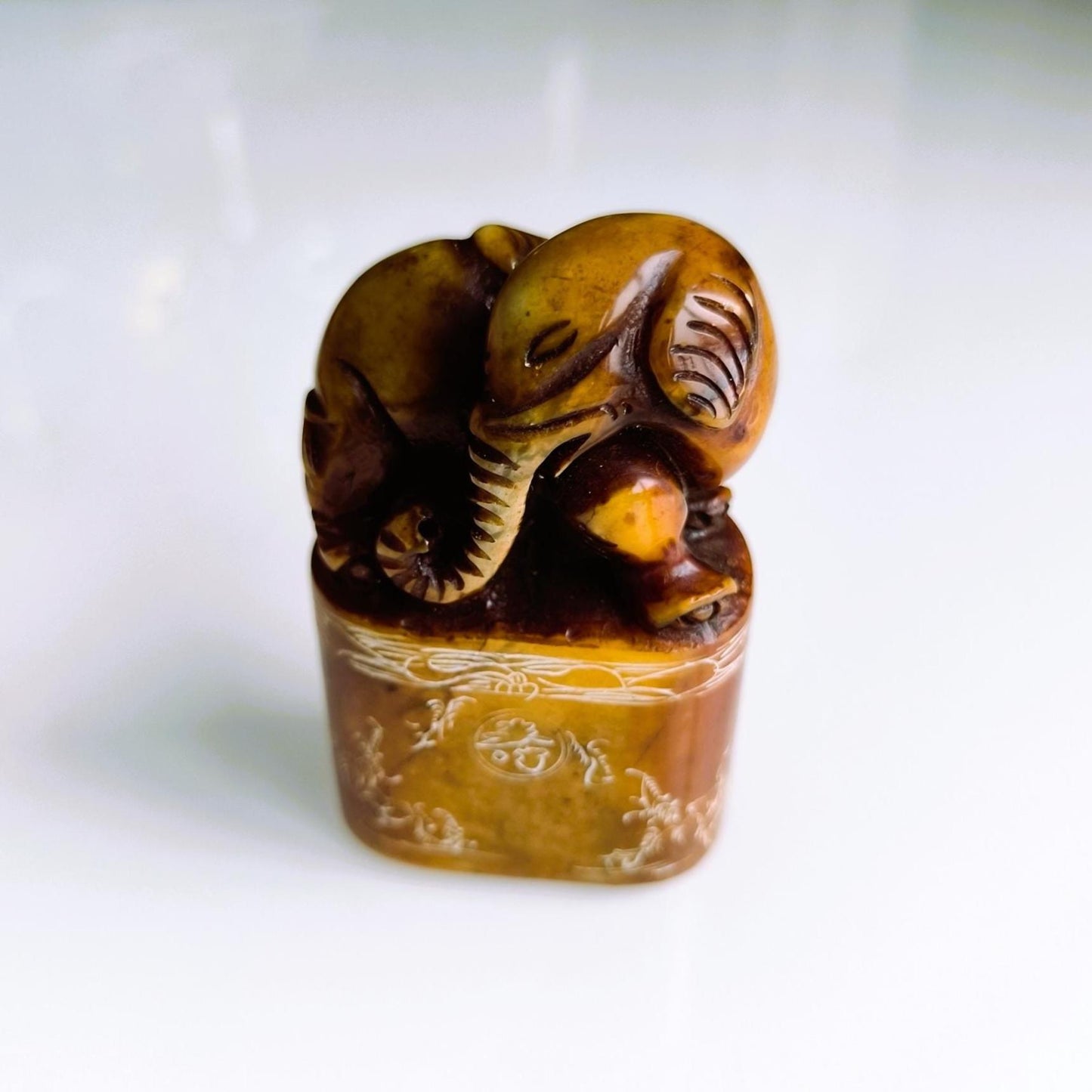 Brown Stone Elephant Stamp on Raised Stand with Carvings, Handmade 1960s