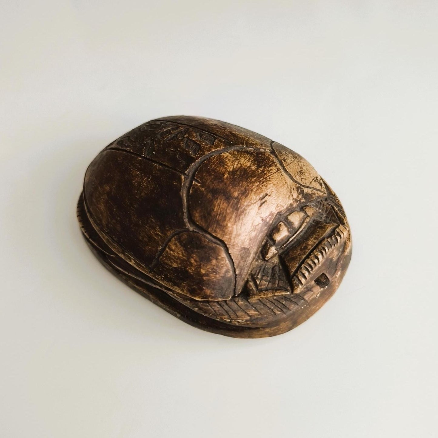 Carved Brown Stone Egyptian Scarab Beetle with Hieroglyphics, 1970s