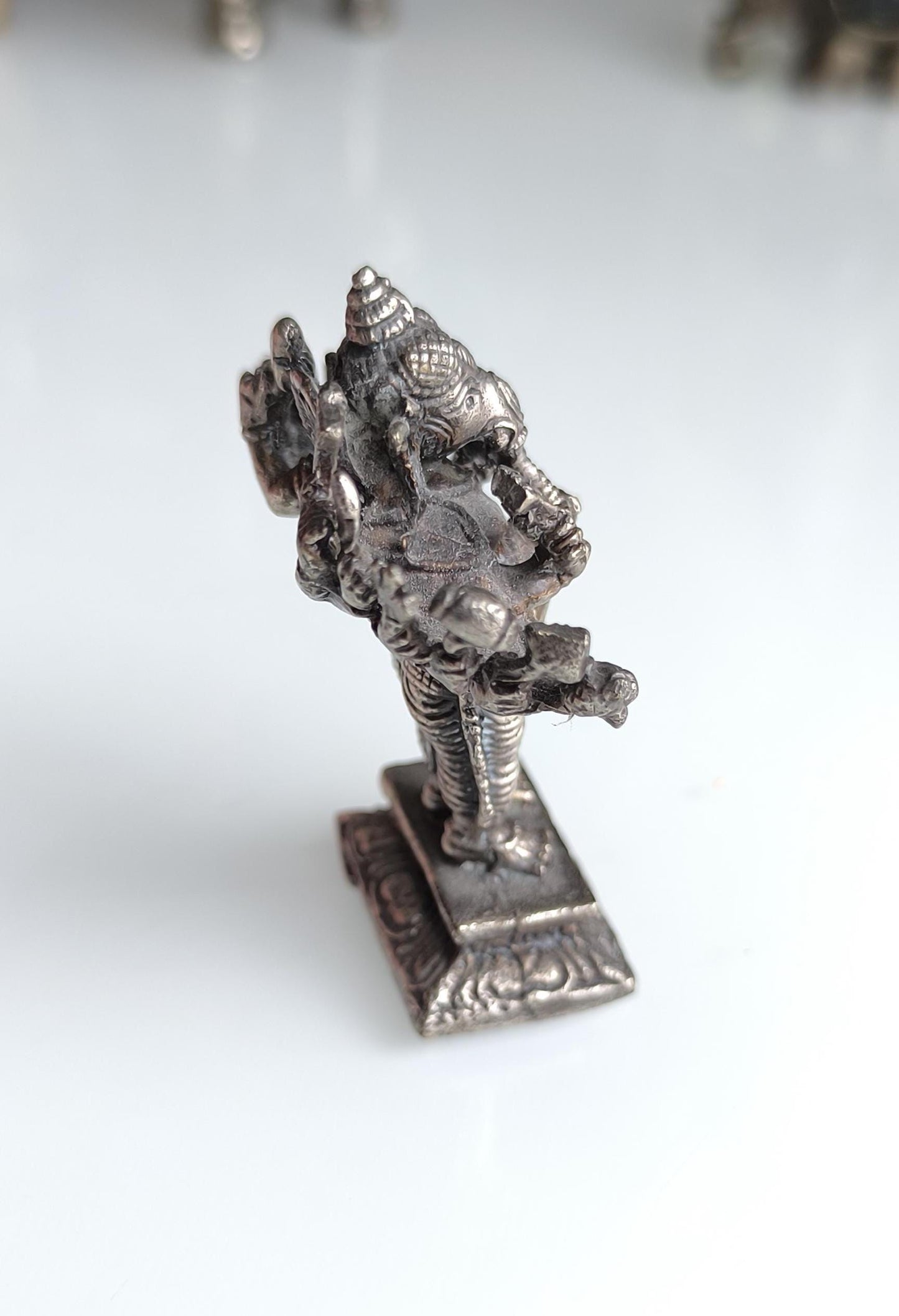 Bronze Silver Tone Small Ganesha Statue with Many Hands – Hindu Elephant Deity, 1970s