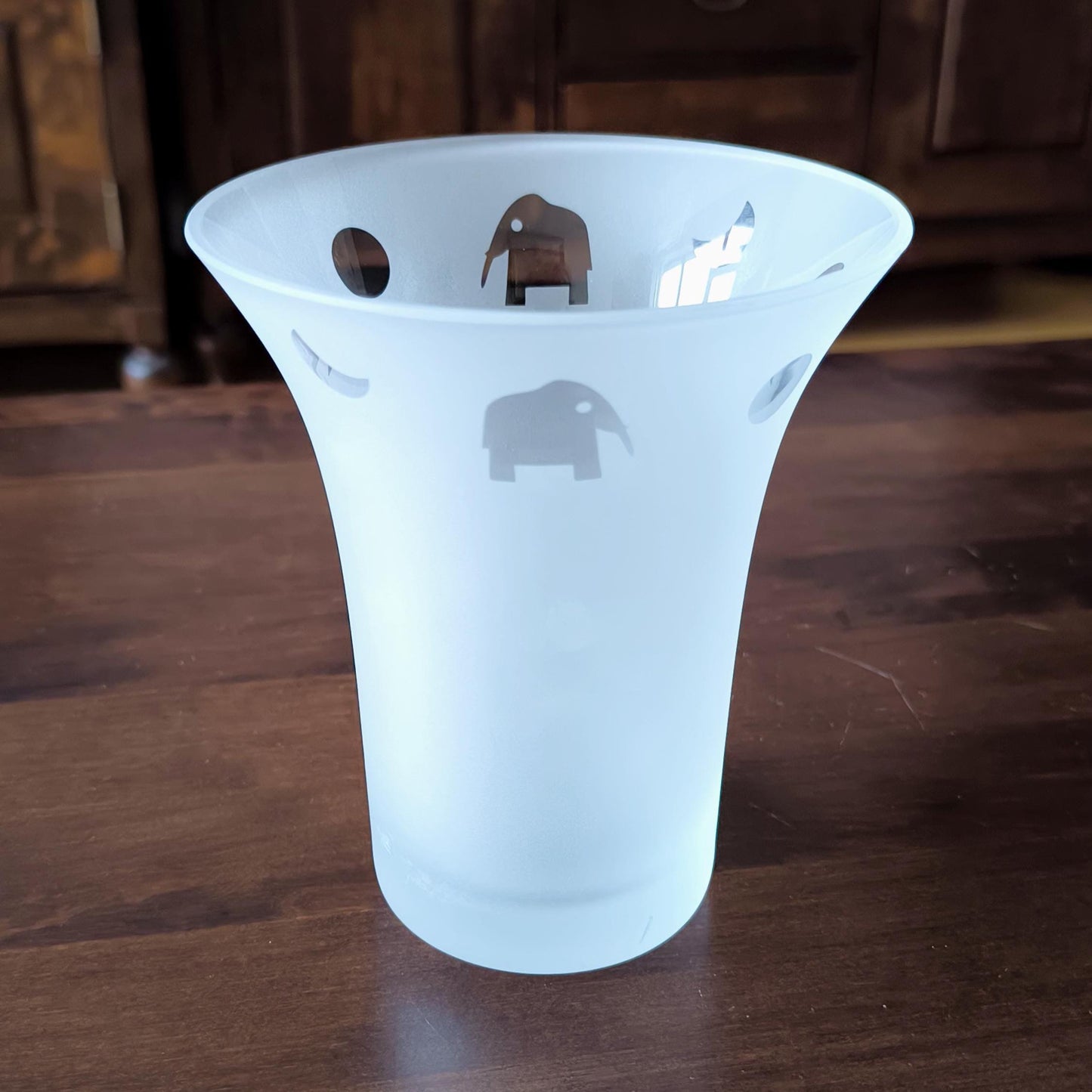 Frosted Glass Vase With Clear Elephant Motive, Postmodern 1980s.