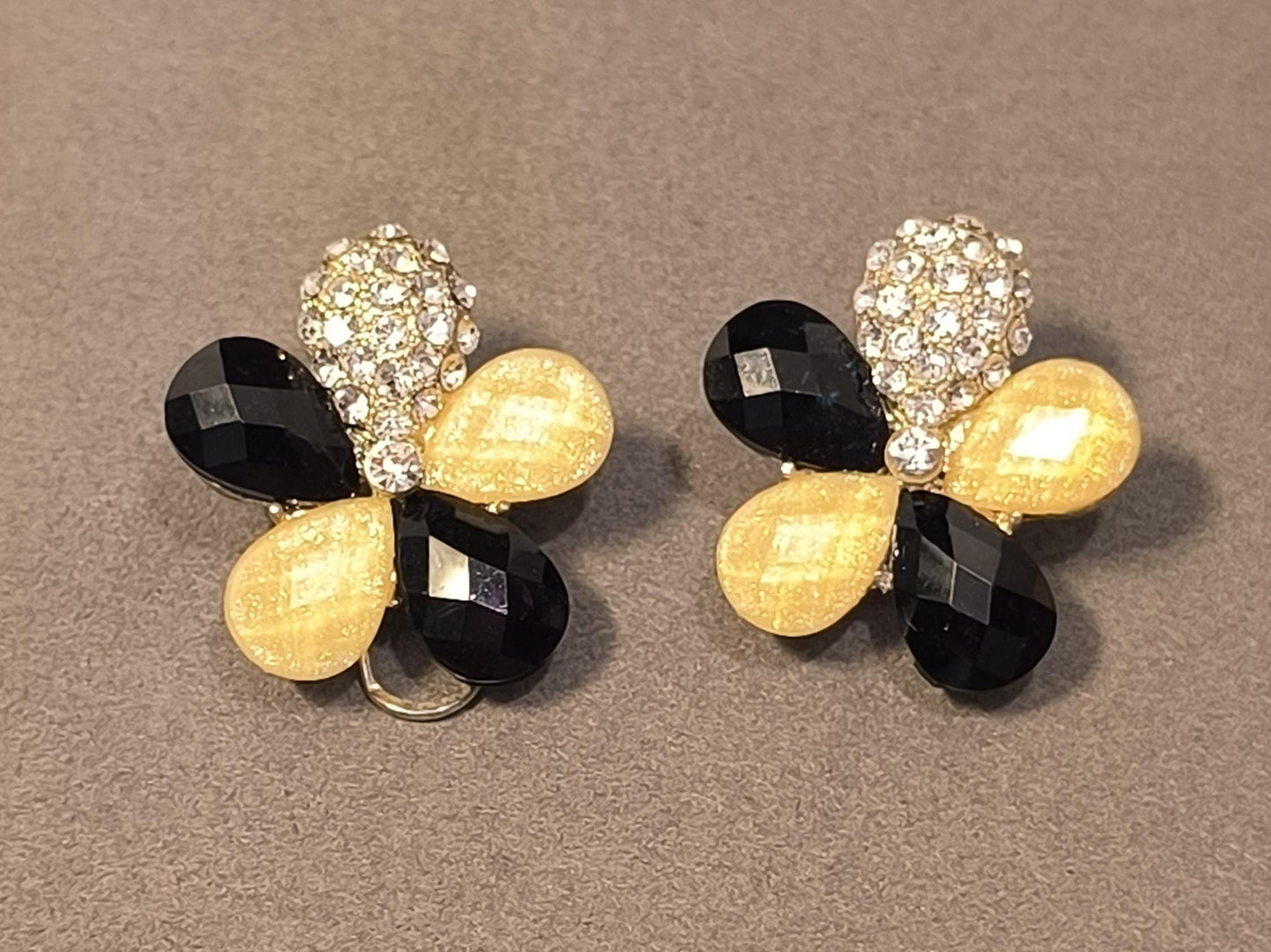 Vintage 2000s Black-Yellow-Clear 14K Gold-Plated Flower Crystal Stud Earrings