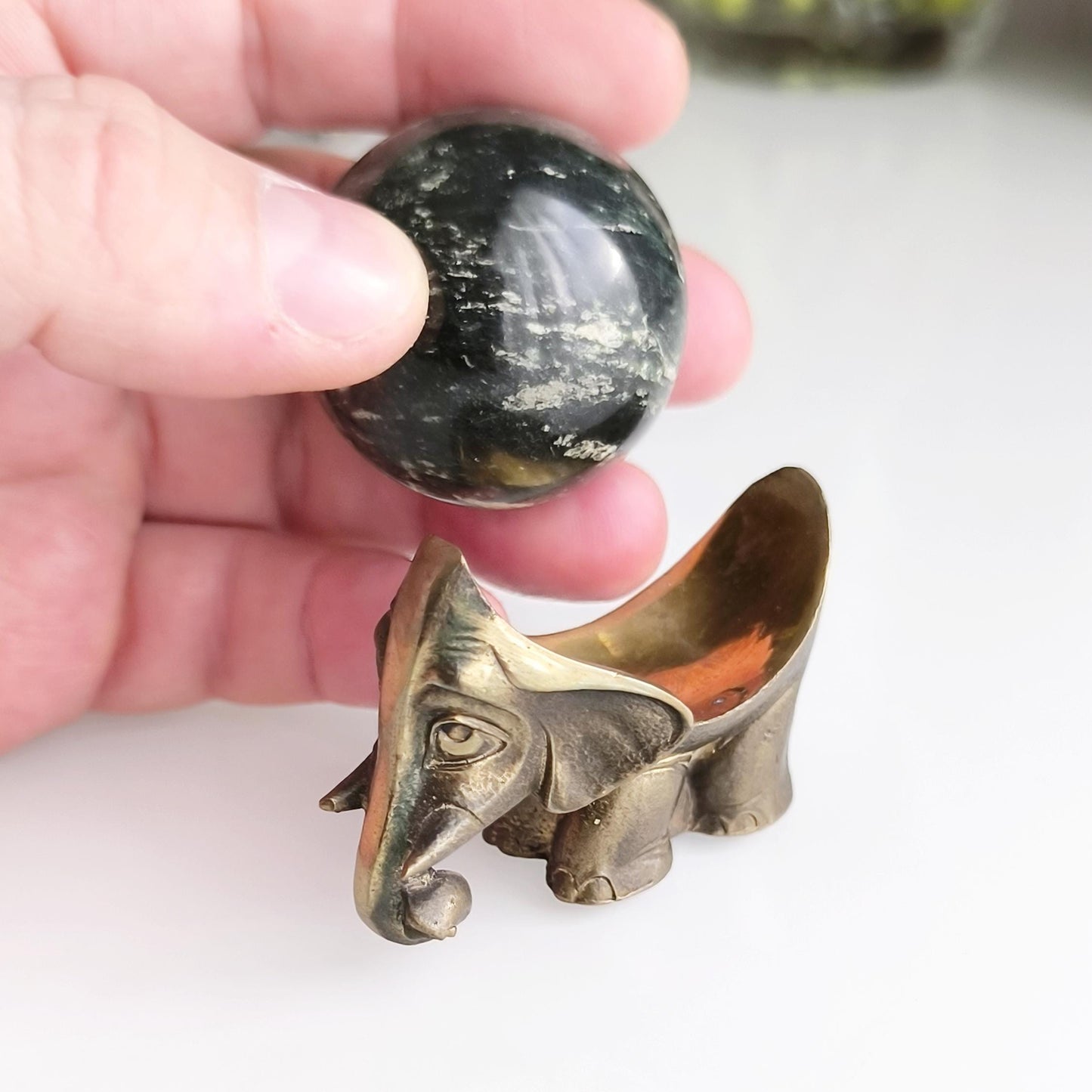 Small Bronze Asian Elephant Statue with Esoteric Black Stone, 1980s
