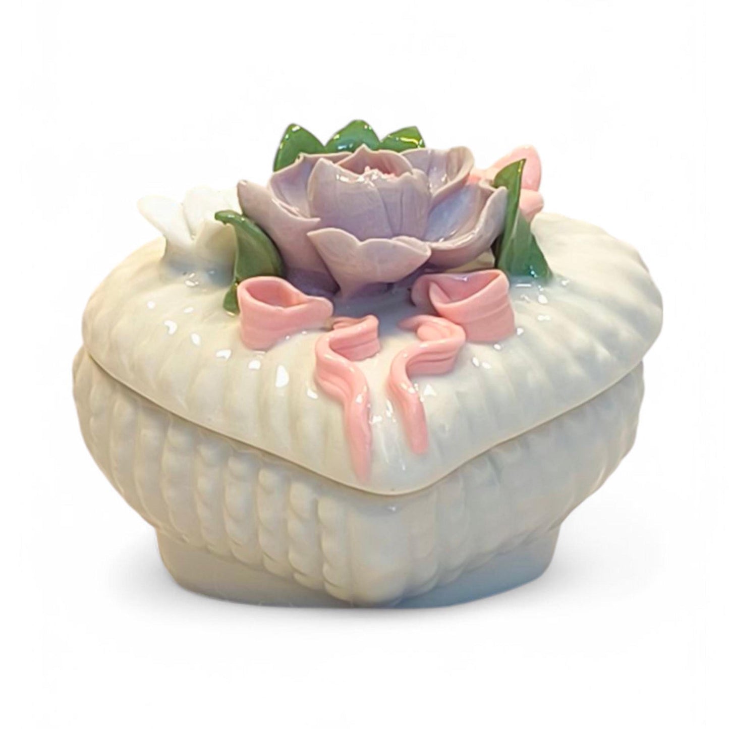 White Porcelain Heart-Shaped Trinket Jewelry Box with Flower, 1980s